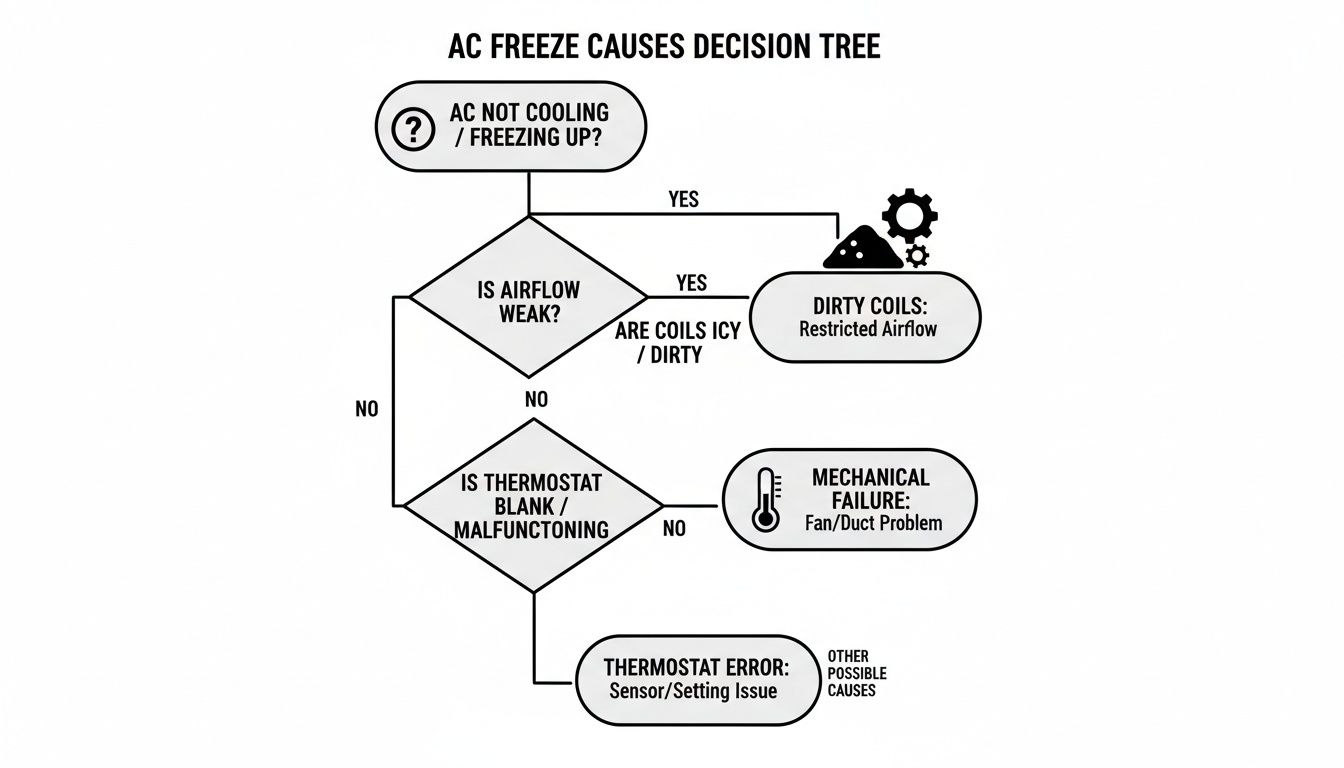 Decision tree flowchart illustrating various causes of AC unit freezing, from airflow to thermostat issues.