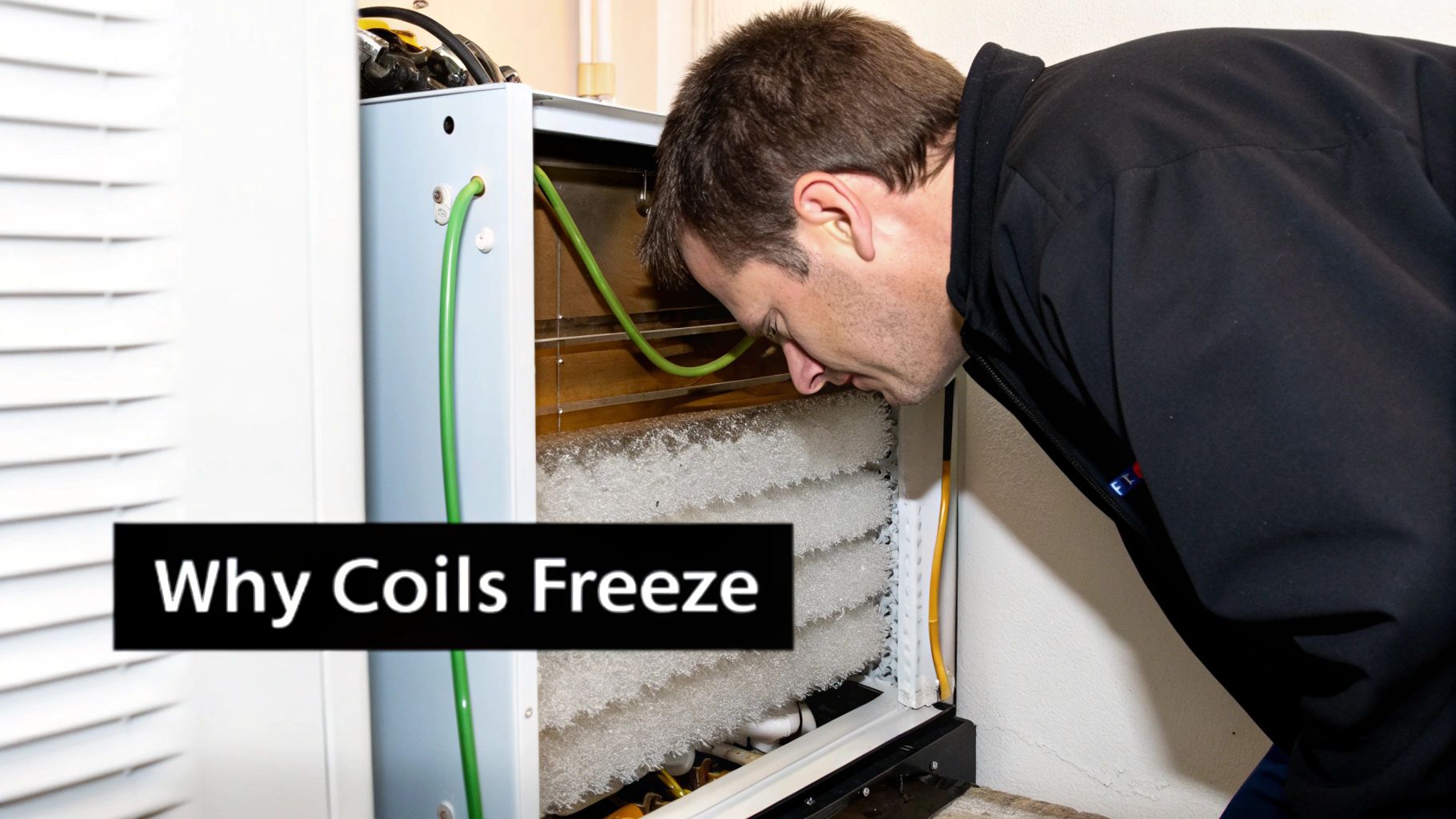 A technician closely inspects the frosty, frozen coils inside an air conditioning unit or heat pump.