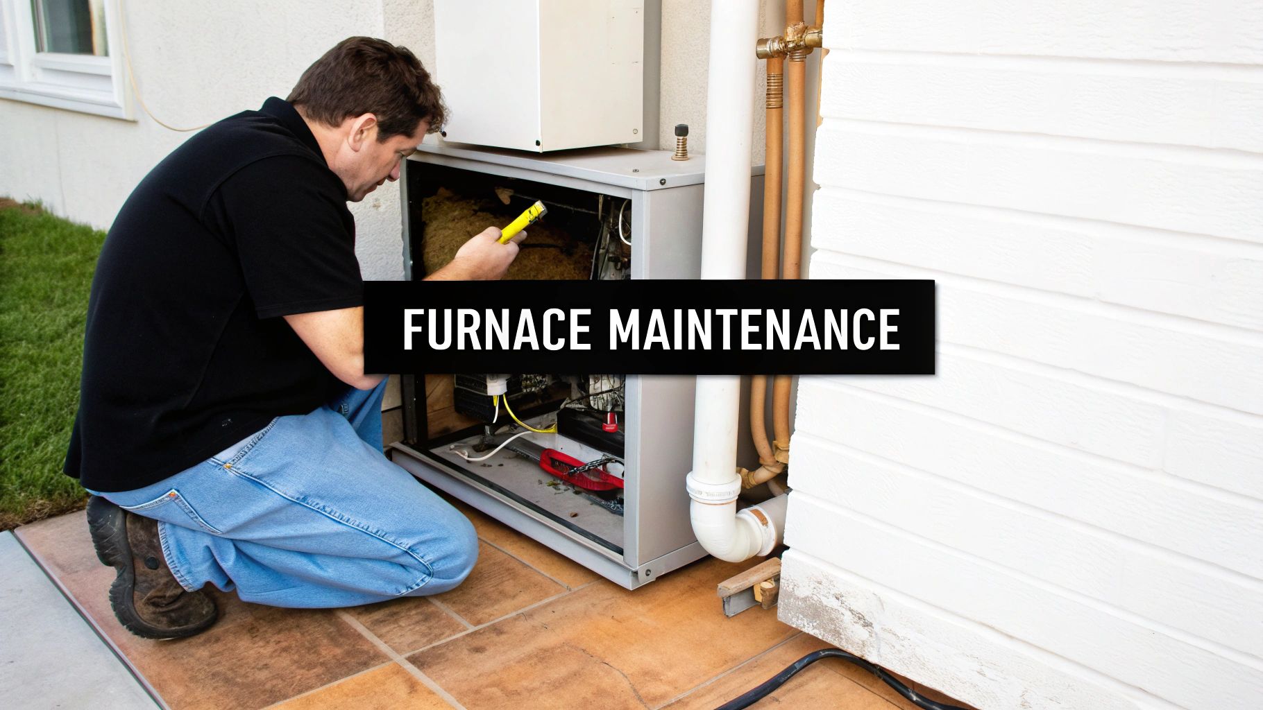 A technician performs essential furnace maintenance on an outdoor heating unit to ensure proper function.