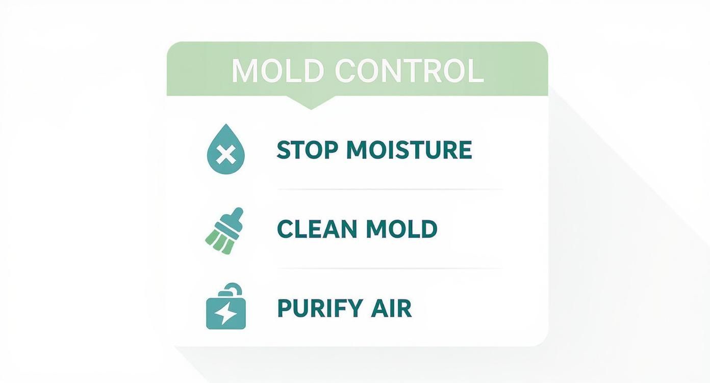 An infographic showing three steps for mold control: stop moisture, clean mold, and purify air.