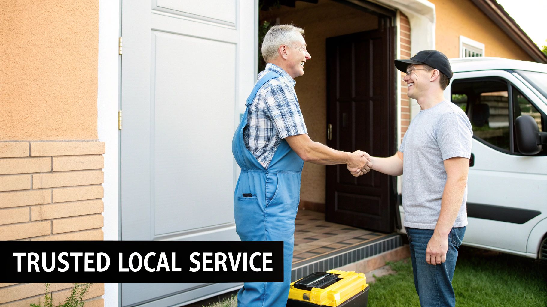 Two smiling men, a technician in overalls and a homeowner, shake hands outside a house with a service van nearby.