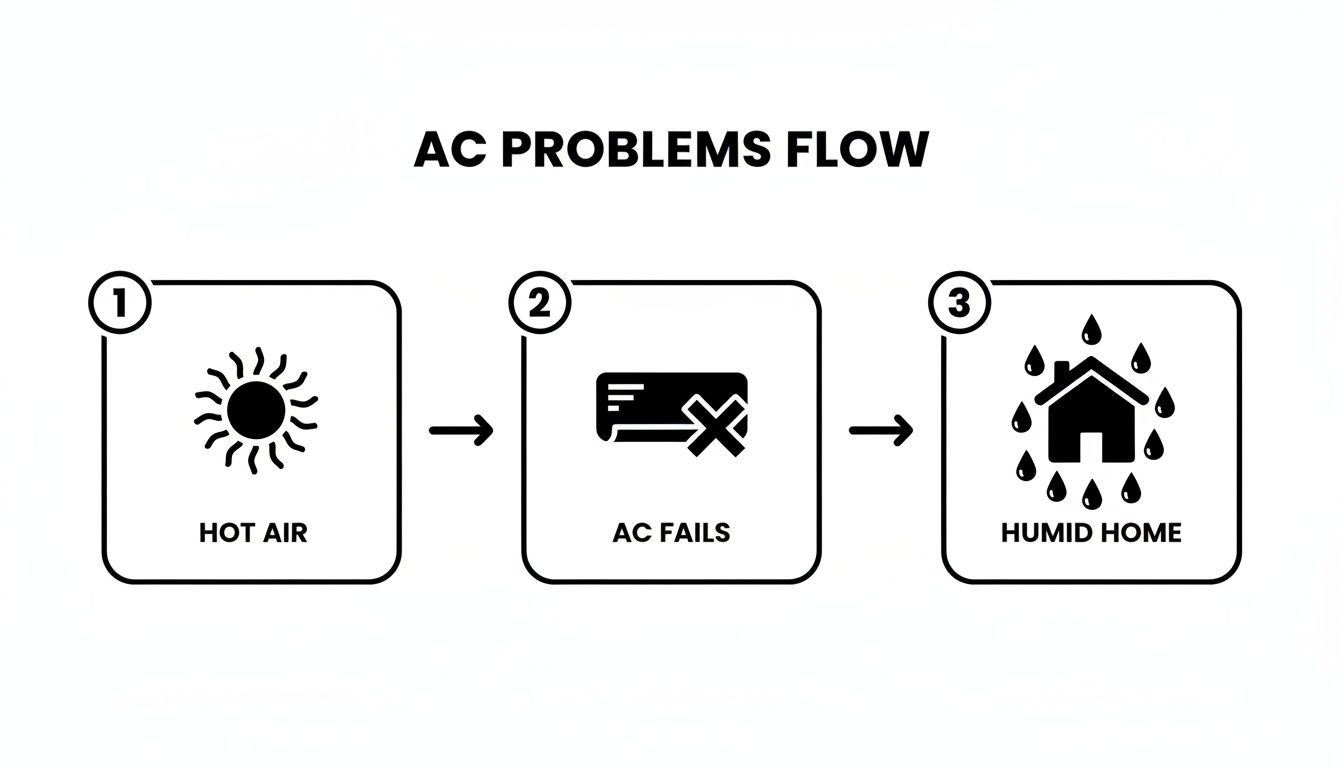 Flowchart illustrating AC problems: hot air leads to AC failure, resulting in a humid home.