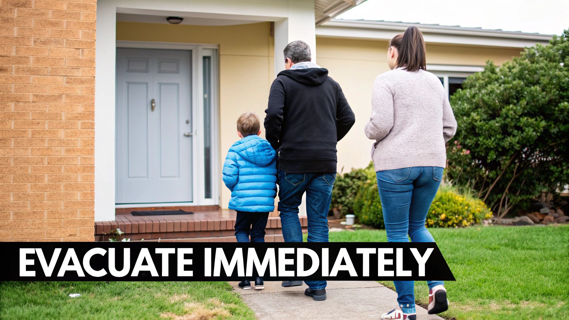 Family evacuating their home, walking down a pathway with 'EVACUATE IMMEDIATELY' text overlay.