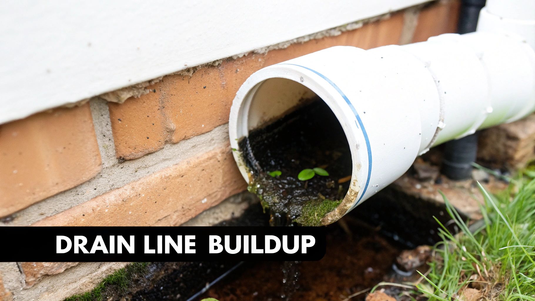 Close-up of a clogged AC condensation drain pipe with murky water, moss, and green plants spilling out.