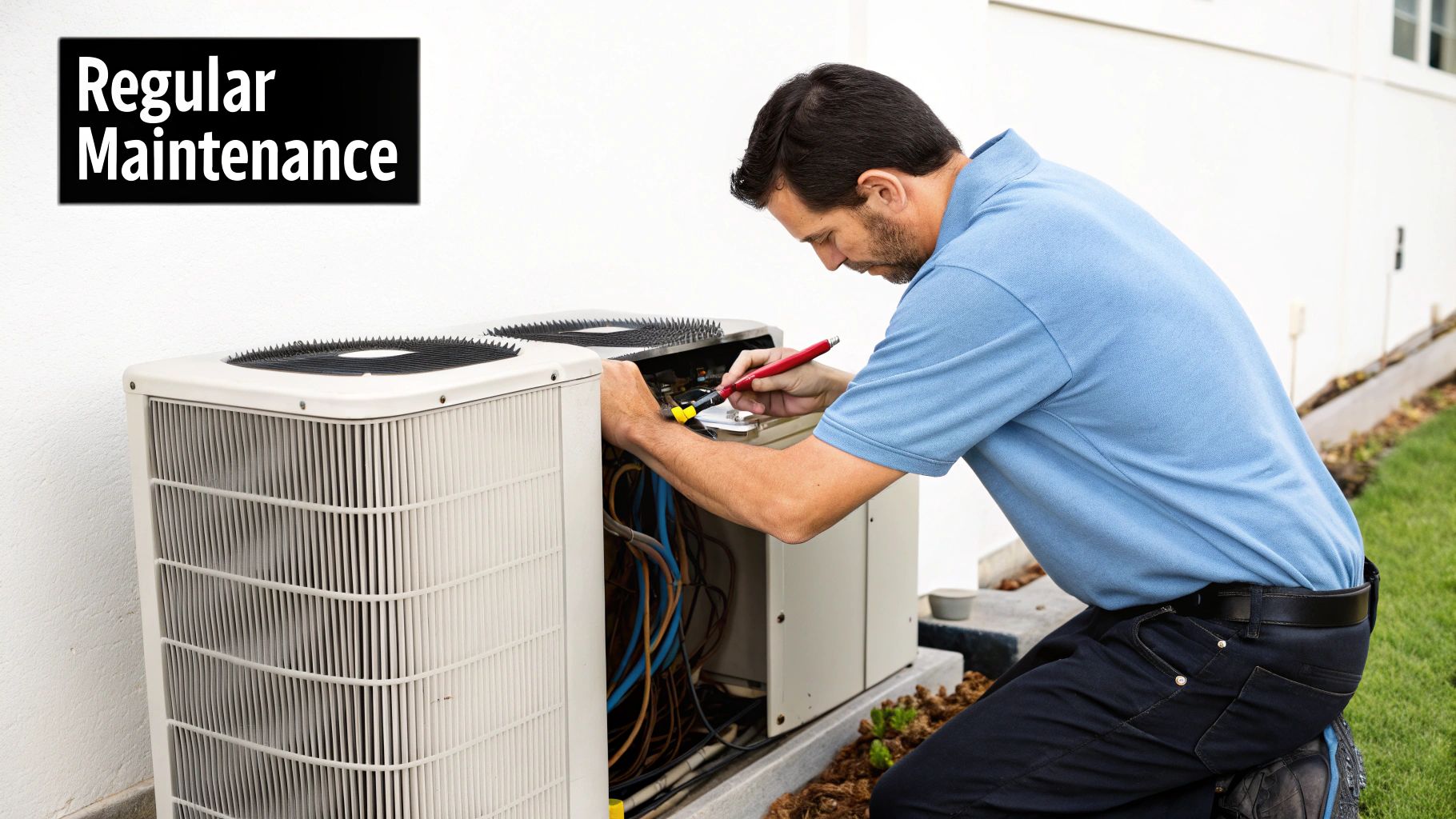 A technician performing regular maintenance on an outdoor air conditioning unit.