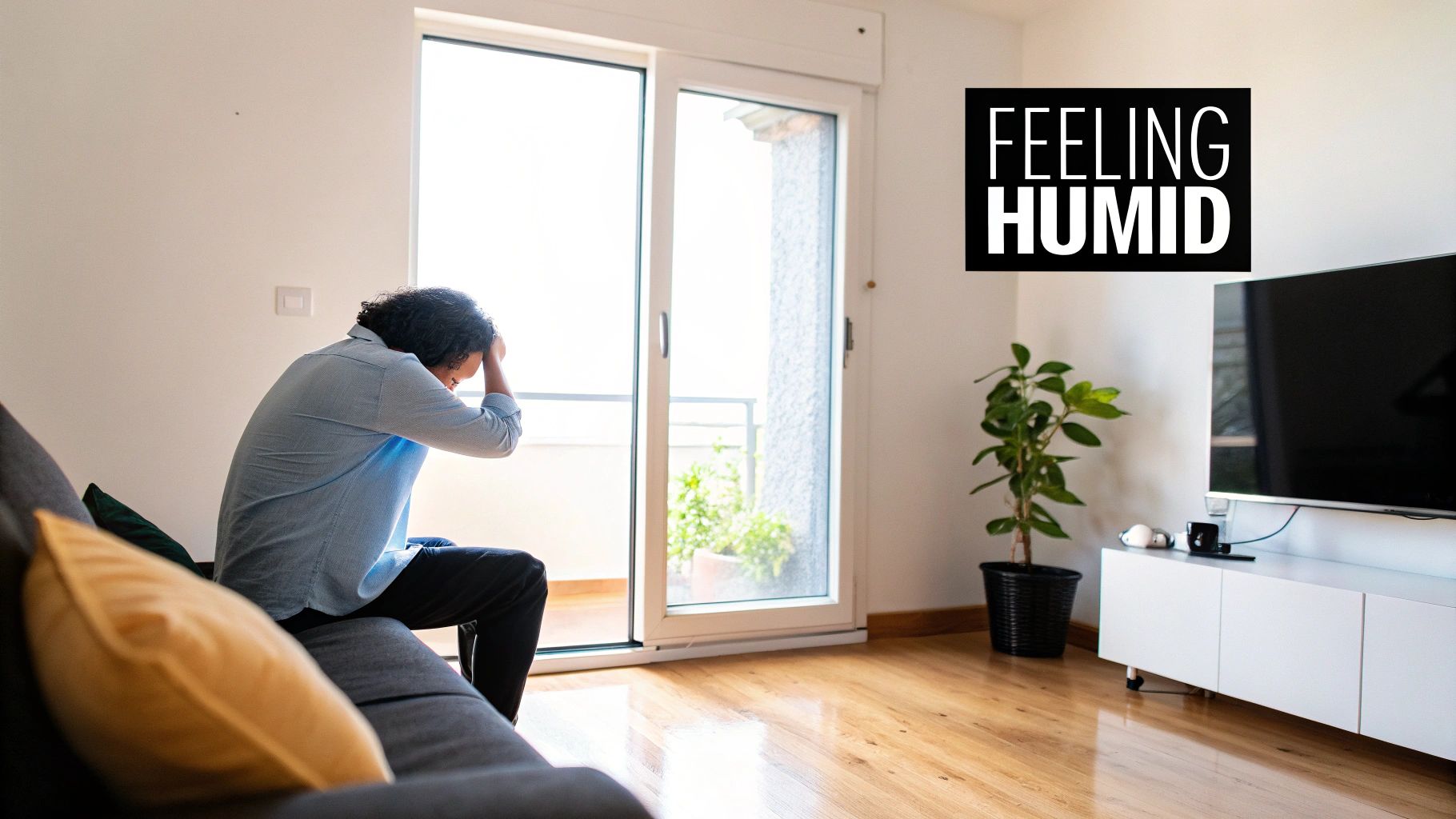 Man sitting by window feeling uncomfortable due to high humidity levels in modern apartment