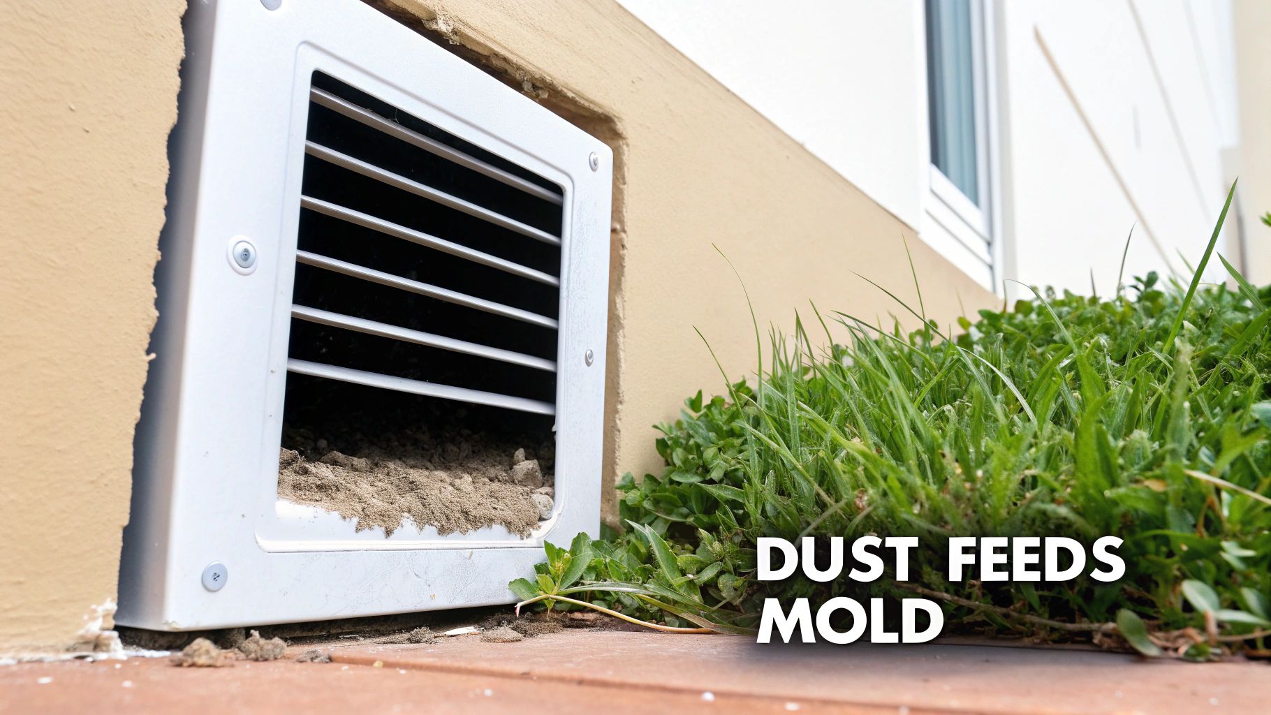 Close-up of a dirty outdoor vent with accumulated dust and debris, with a text overlay 'DUST FEEDS MOLD'.