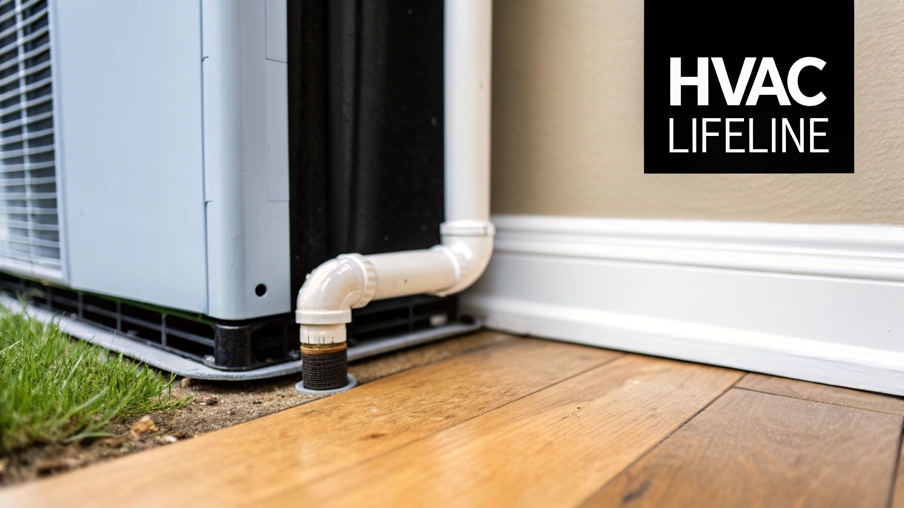 Condensate drain pipe from an outdoor HVAC unit, running into the ground beside a house.