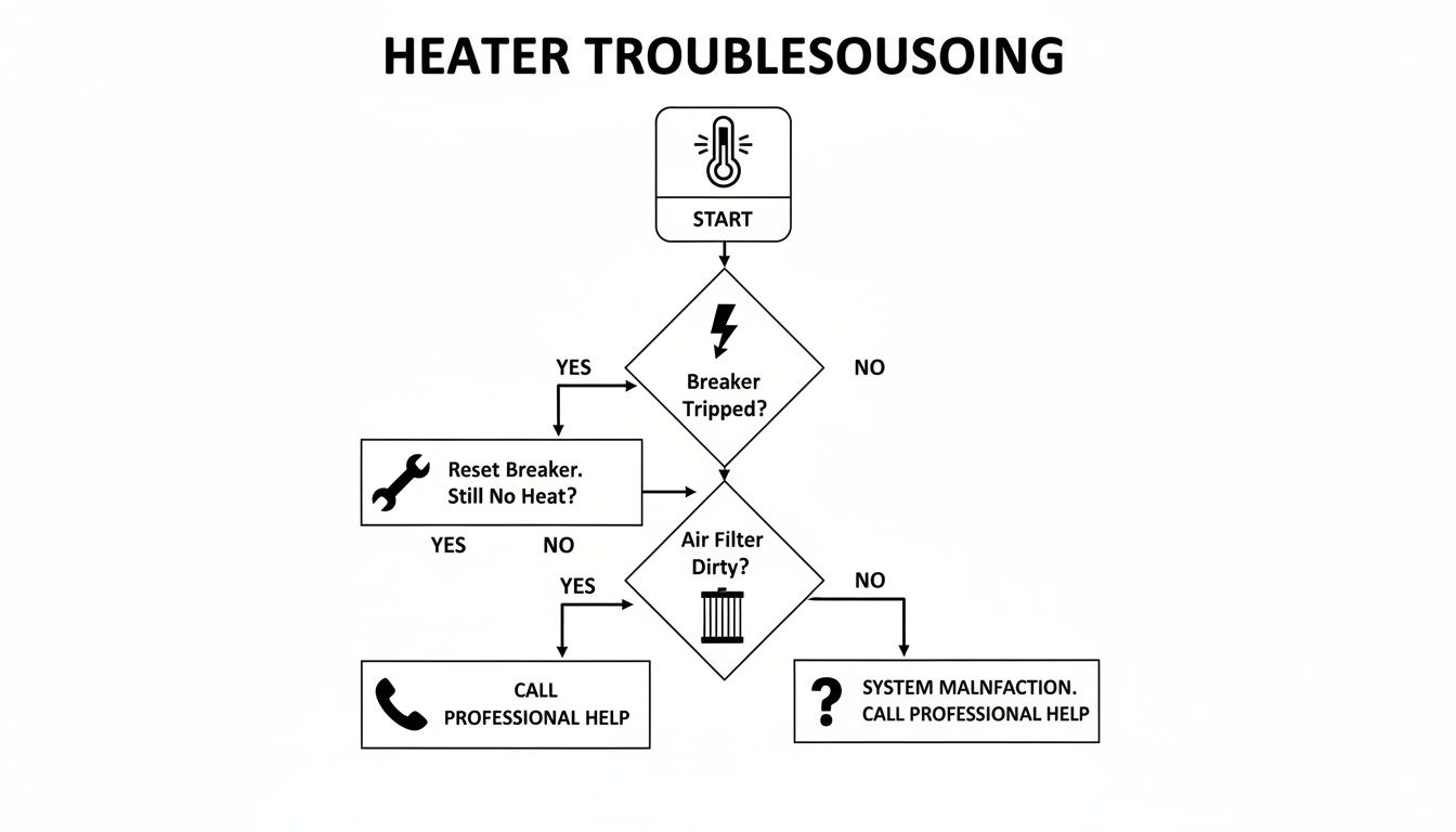Flowchart detailing heater troubleshooting steps, including checking breakers and air filters, for non-working heaters.