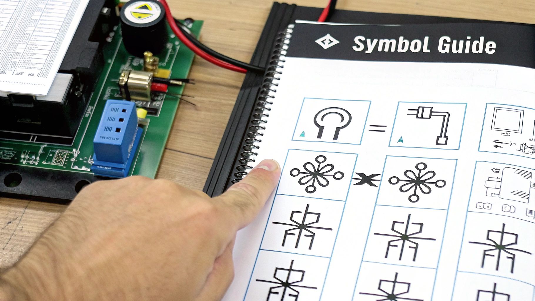A close-up shot of various HVAC wiring diagram symbols like switches, motors, and capacitors.