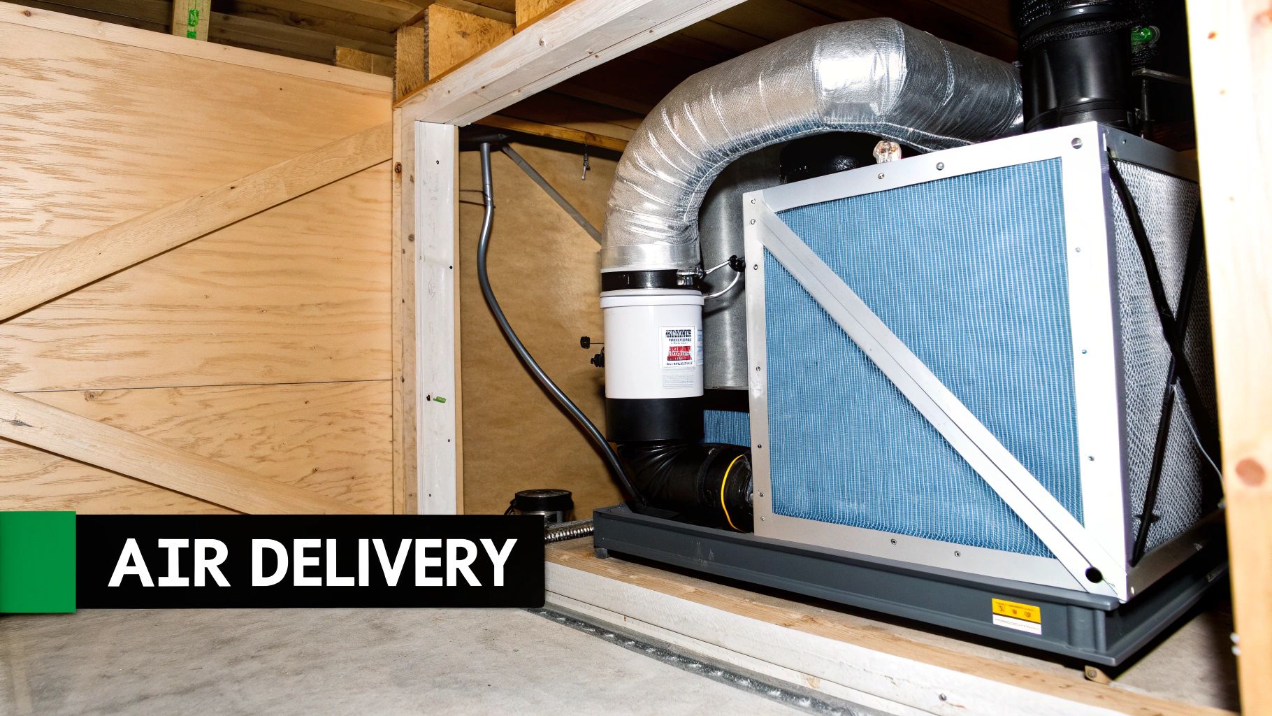 An indoor central air handling unit with insulated ductwork, a large blue air filter, and an air purification device.