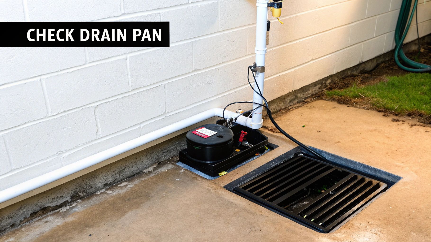 A black sump pump system with a drain pan on a concrete floor next to a white brick wall.