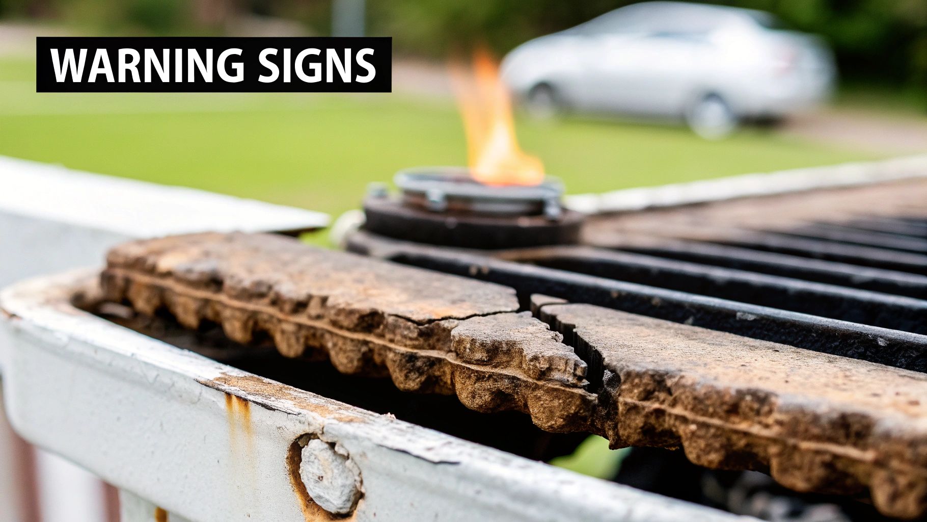 A cracked metal furnace component, illustrating a failed heat exchanger.