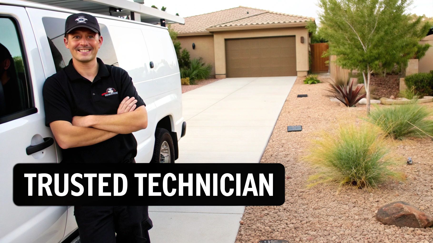 Smiling technician in uniform leaning on a white service van in front of a house, text reads 'TRUSTED TECHNICIAN'.