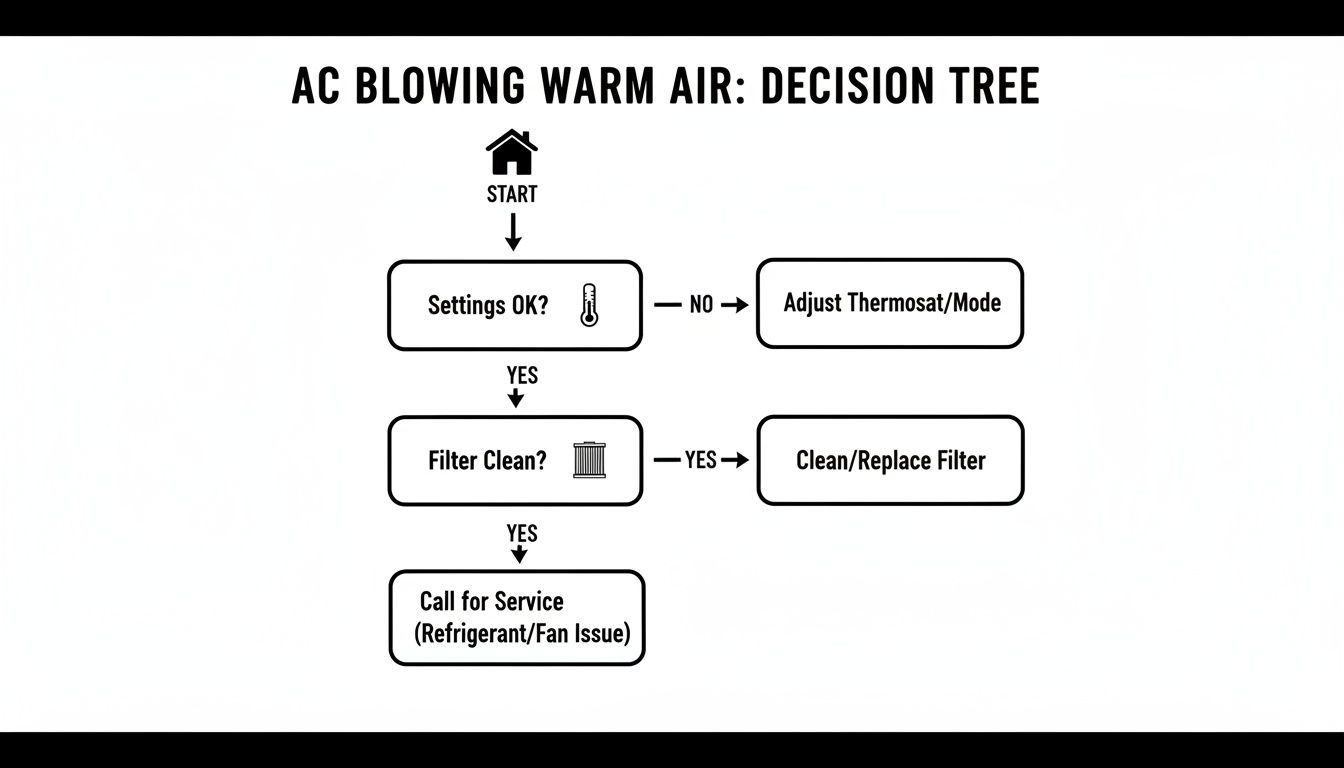 A decision tree flowchart titled 'AC Blowing Warm Air' guiding users through troubleshooting steps.