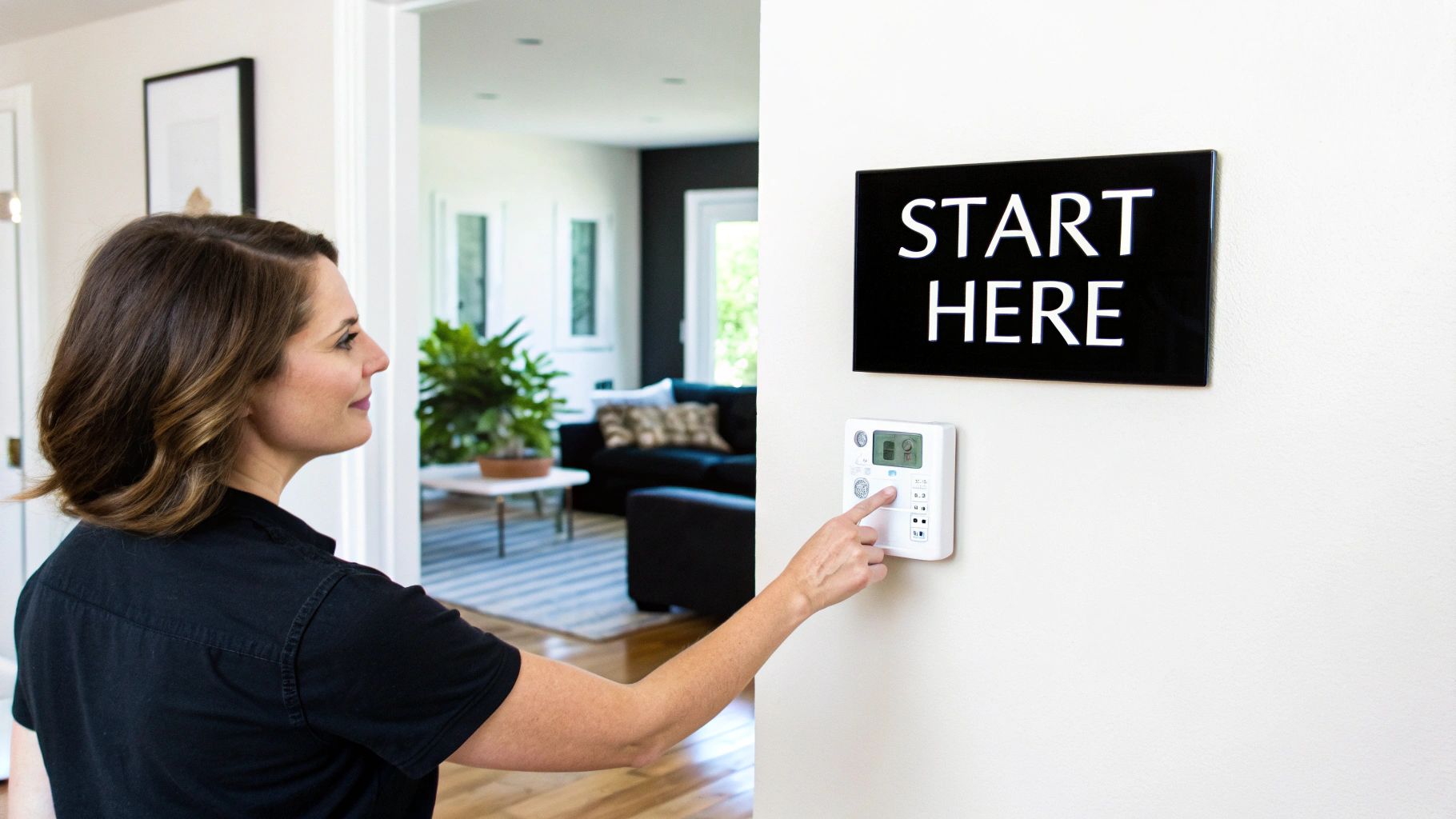 A woman operates a wall-mounted thermostat, with a "START HERE" sign visible beside it.