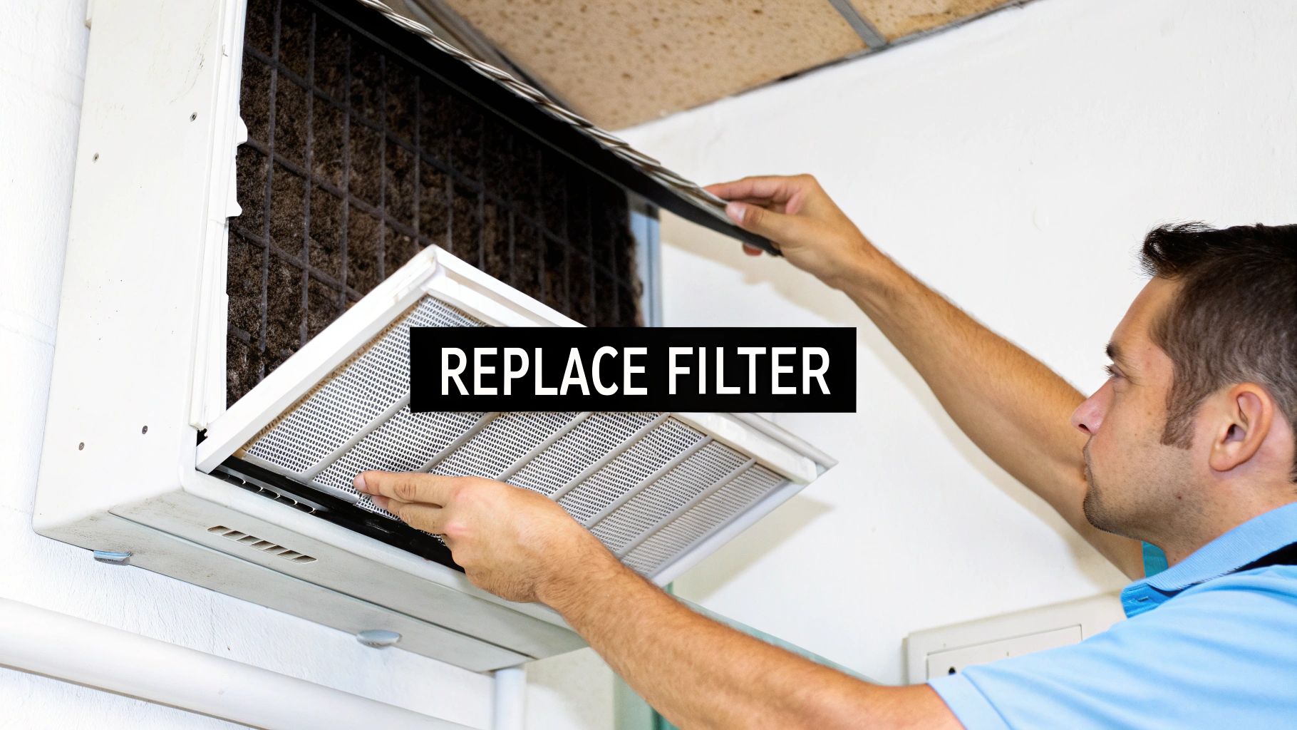 A person is replacing a dirty air filter in a wall-mounted AC unit, highlighting routine maintenance.