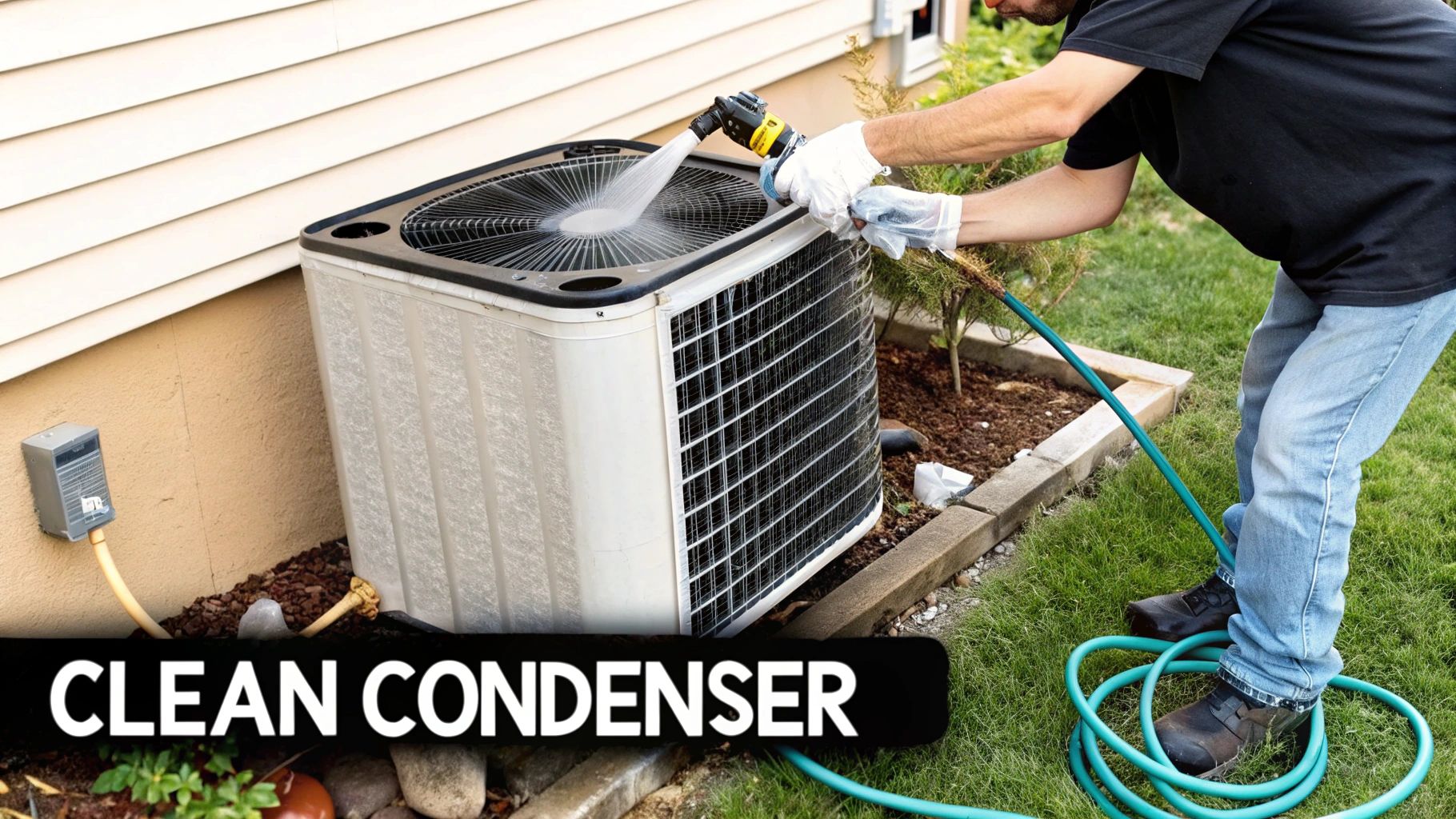A person in white gloves sprays water on an outdoor AC unit to clean its condenser.