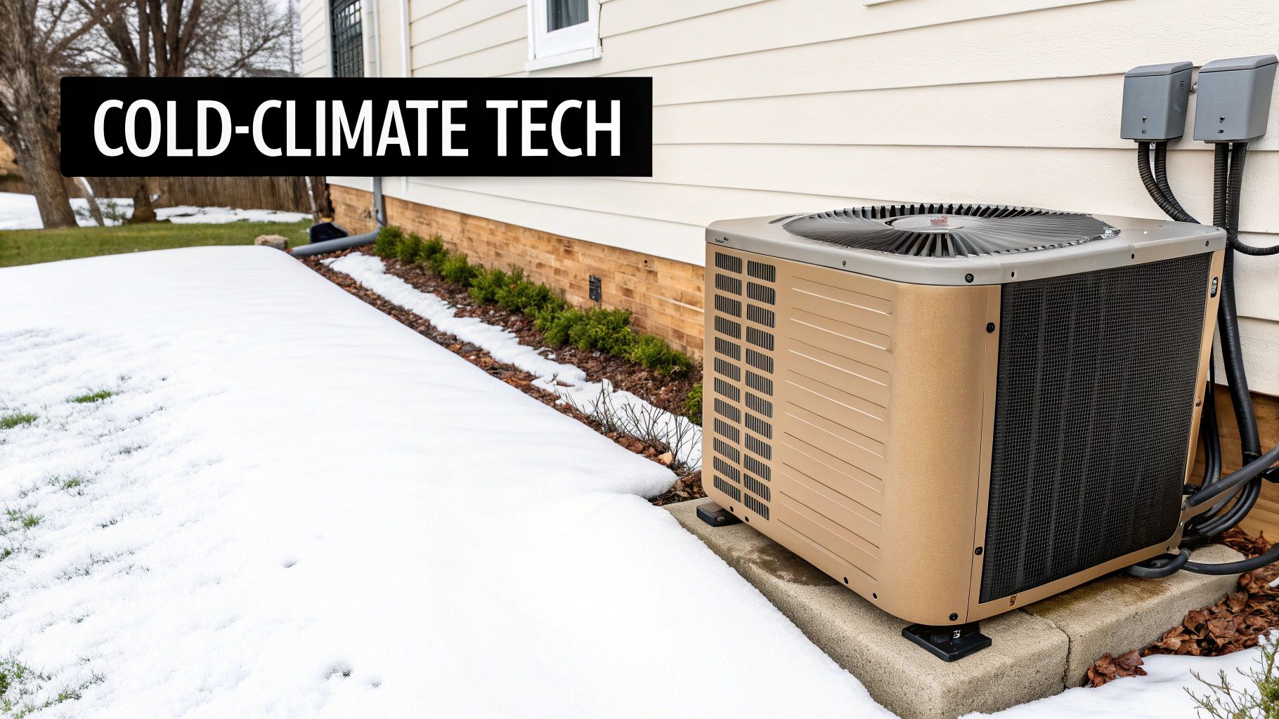 An outdoor heat pump unit stands beside a house with snow on the ground, illustrating 'COLD-CLIMATE TECH'.