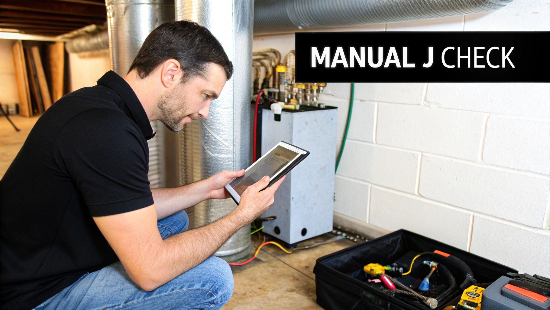 An HVAC technician performs a Manual J load calculation, reviewing data on a tablet in a utility room.