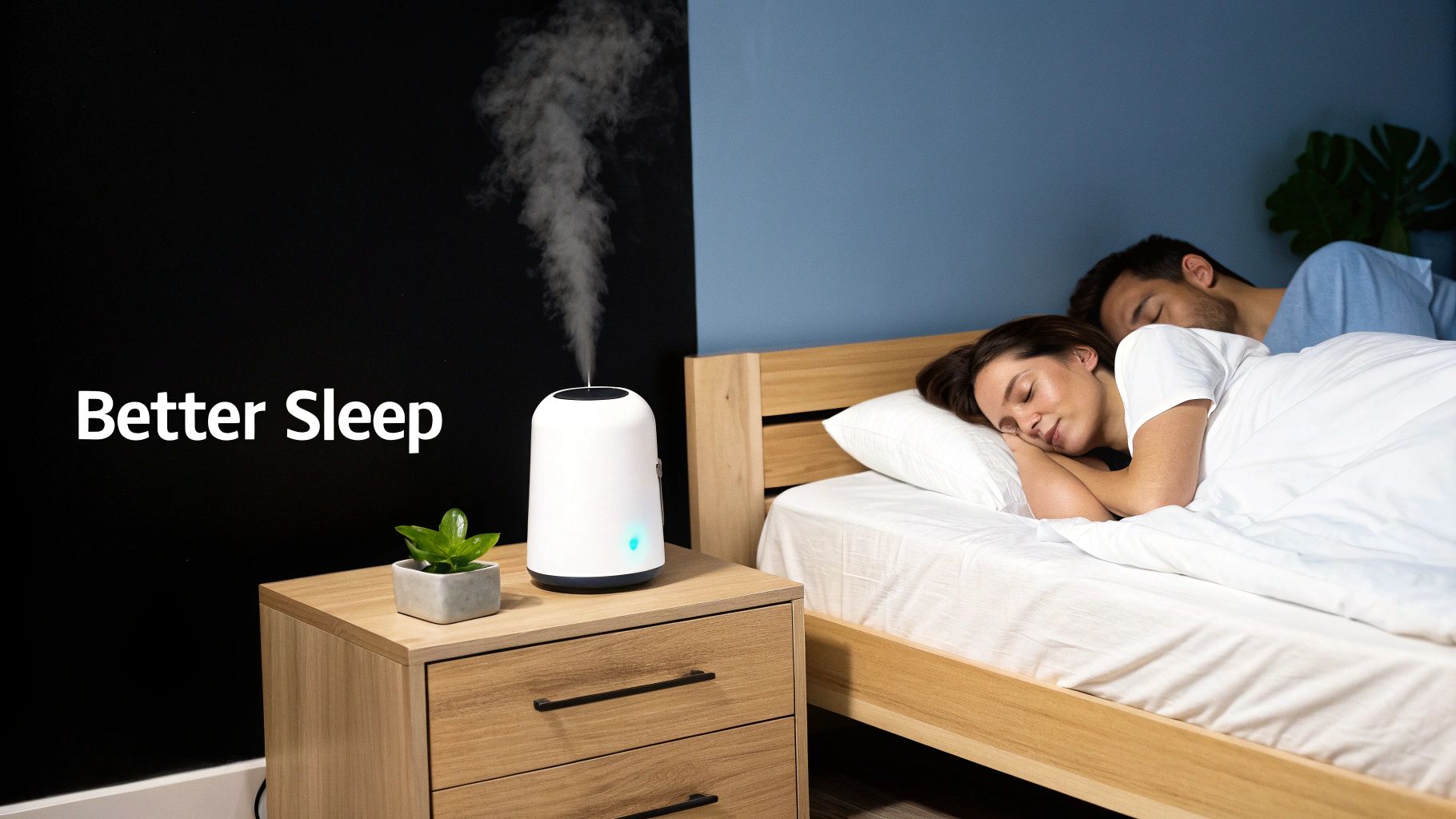 A couple sleeping soundly in bed with a humidifier emitting mist on a nightstand for better sleep.
