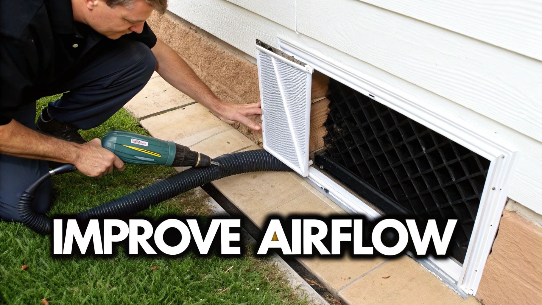 A man kneels outdoors, cleaning an AC unit vent with a specialized blower to improve airflow.