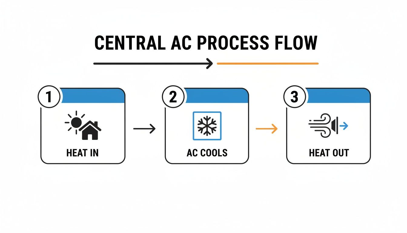 A diagram illustrating the central AC process flow: heat in, AC cools, and heat out.
