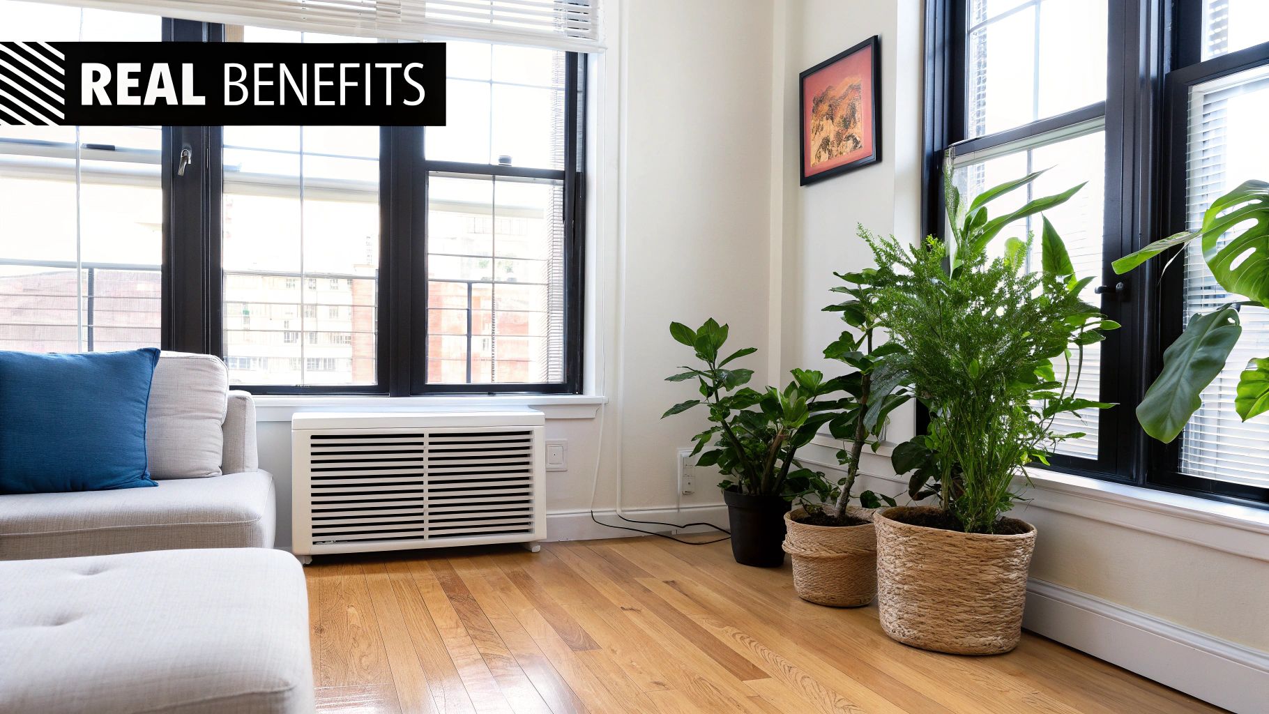 Bright living room featuring a white dehumidifier, sofa, potted plants, and wooden floor.