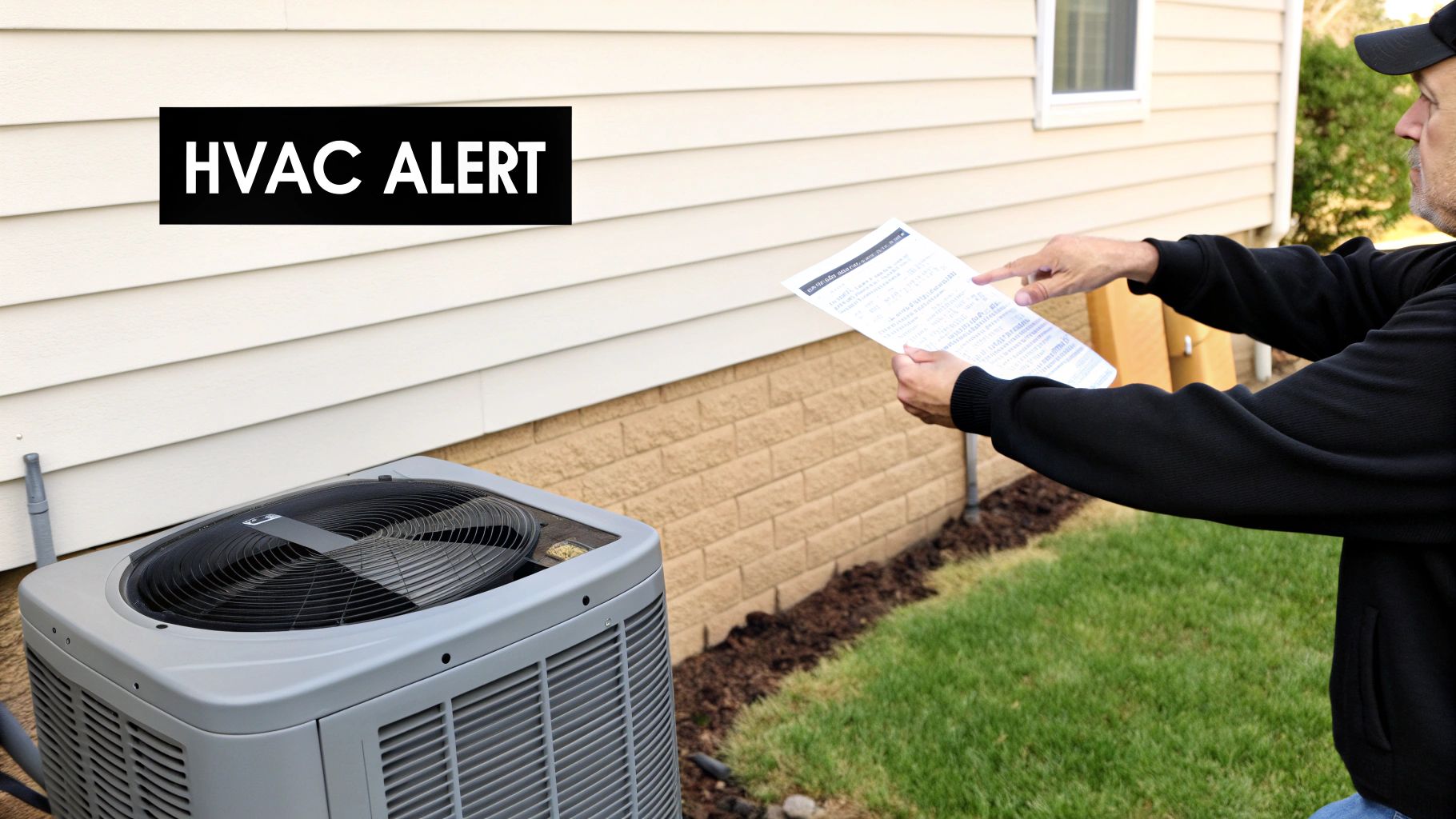 A man points at an 'HVAC ALERT' document near an outdoor air conditioning unit.