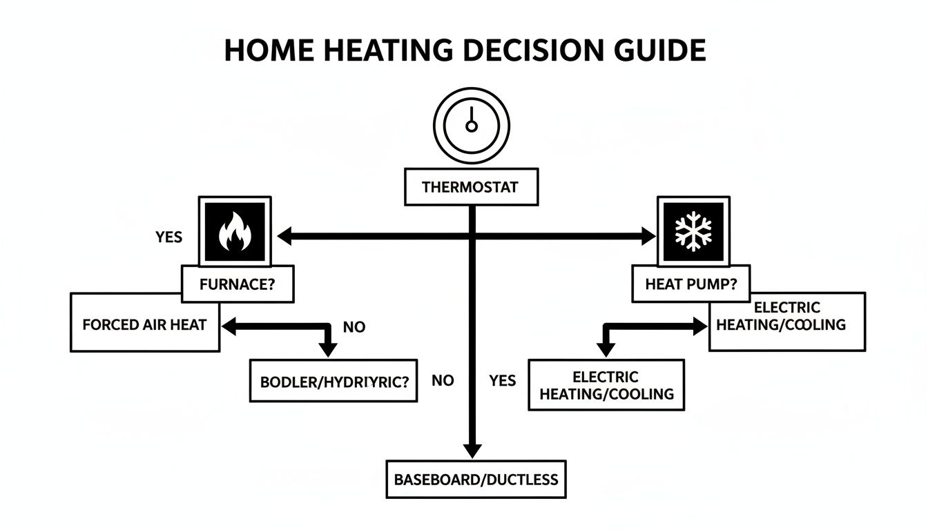 A flowchart guiding home heating decisions, exploring options like furnace, heat pump, boiler, and baseboard.
