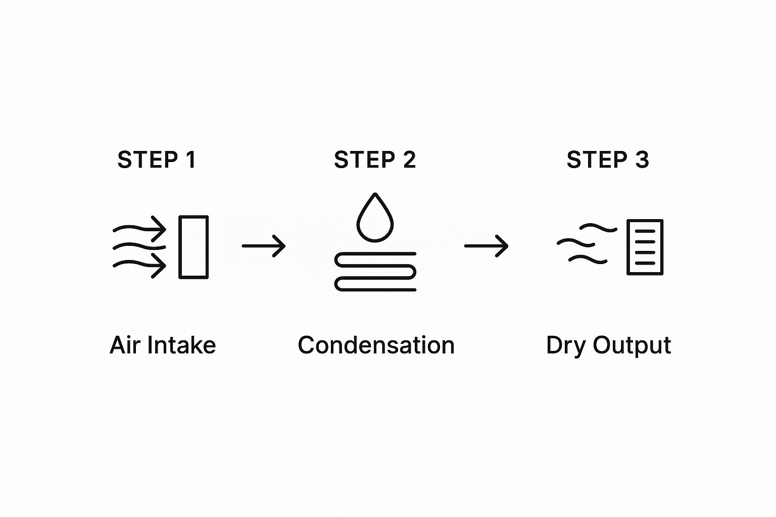 Dehumidifier for HVAC Systems infographic breaks down the three core steps: air intake, condensation, and dry air output