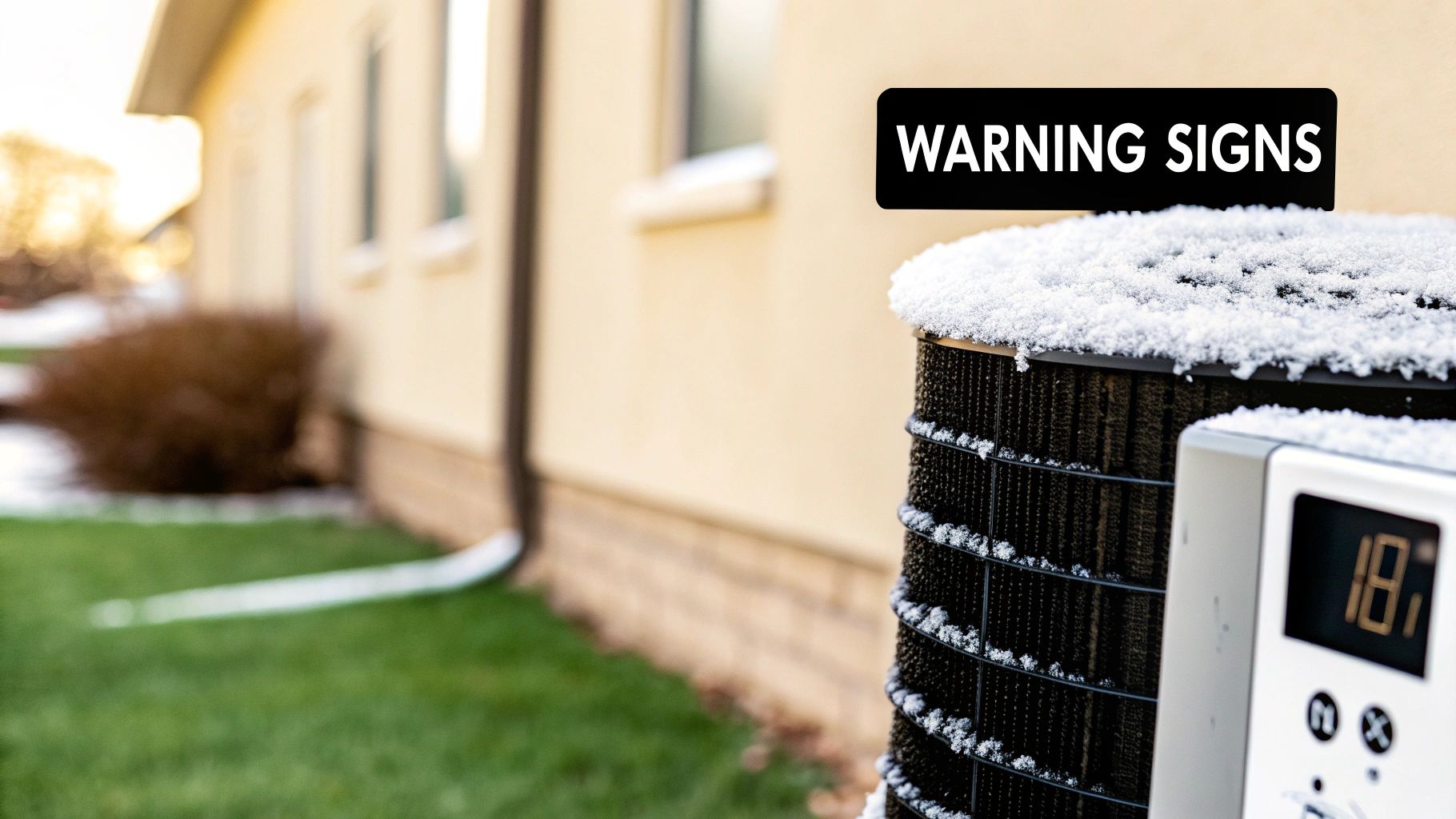 Outdoor AC unit covered in snow next to a house, with a warning sign overlay.