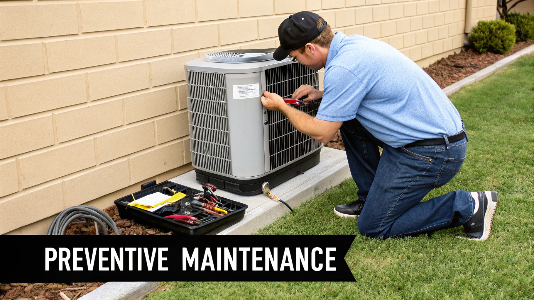 A technician performs preventive maintenance on an outdoor AC unit with tools near a house.
