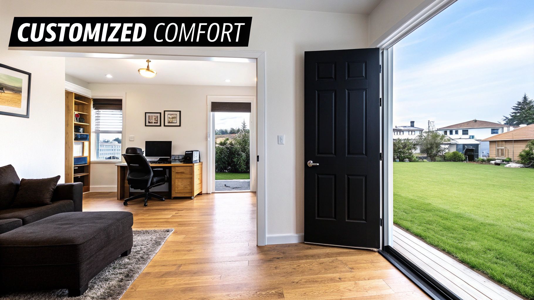 A cozy home interior featuring a living area, home office, and an open door to a lush green backyard.