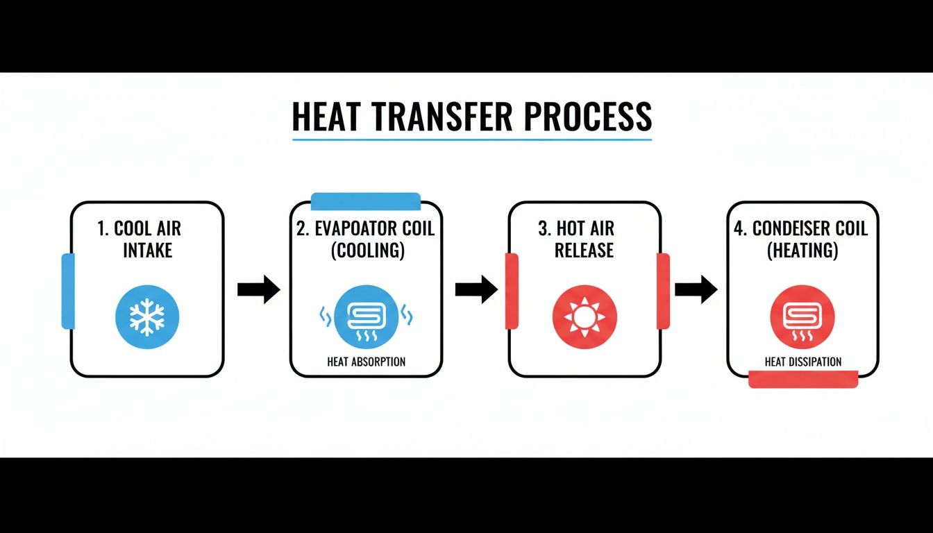 A detailed diagram illustrating the four steps of a heat transfer process in an AC system.
