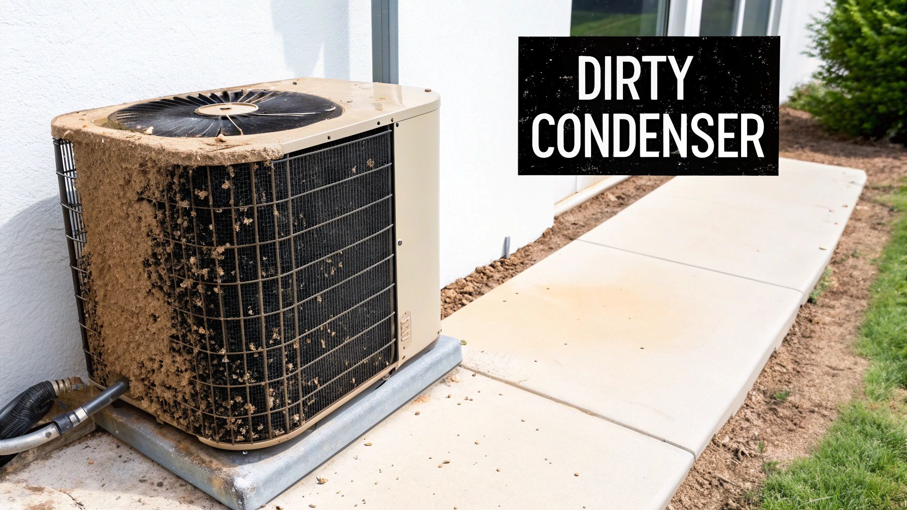 Extremely dirty outdoor air conditioner condenser unit covered in dirt and debris needing maintenance