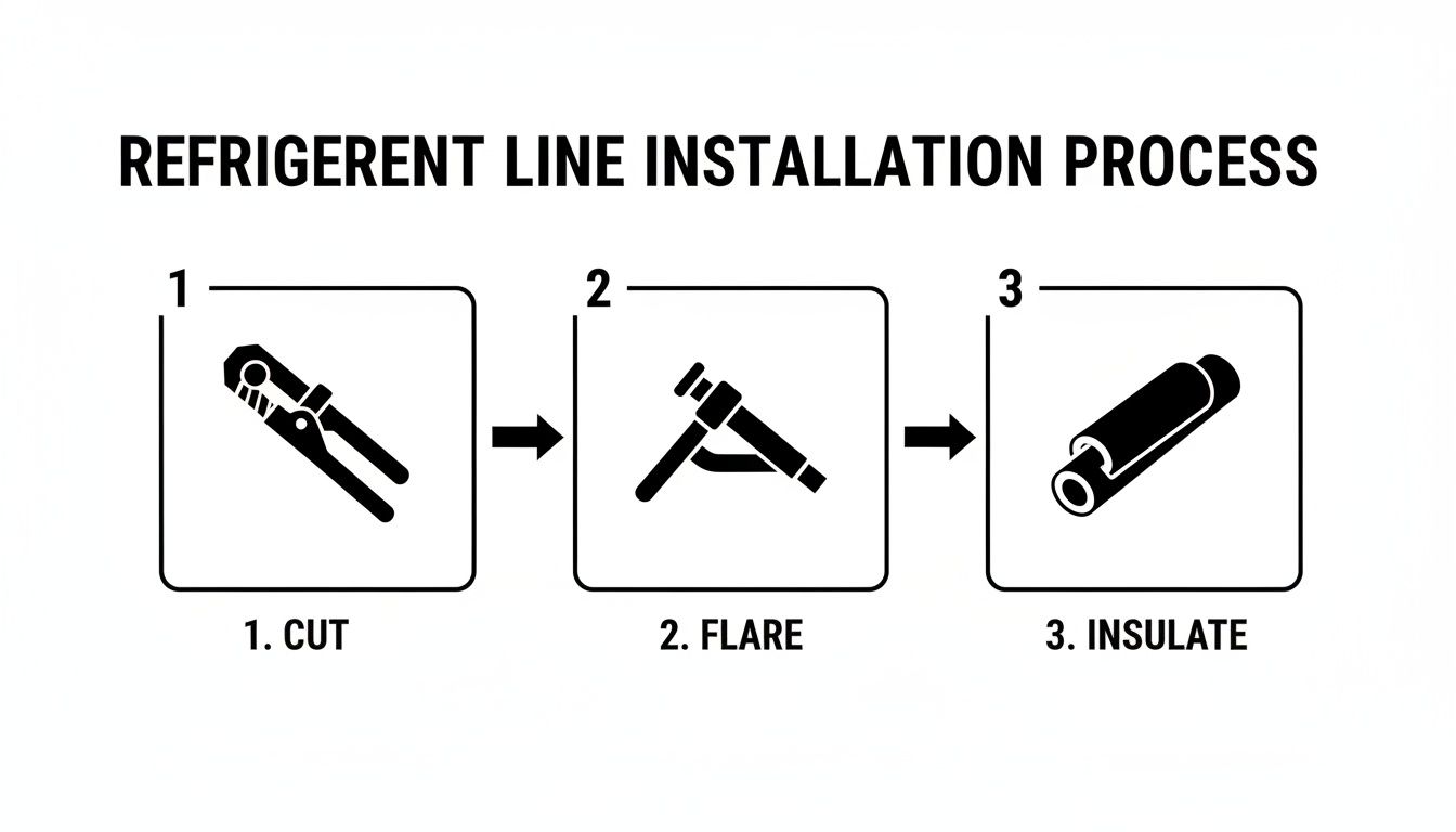 Three-step diagram illustrating the refrigerant line installation process: cut, flare, and insulate.