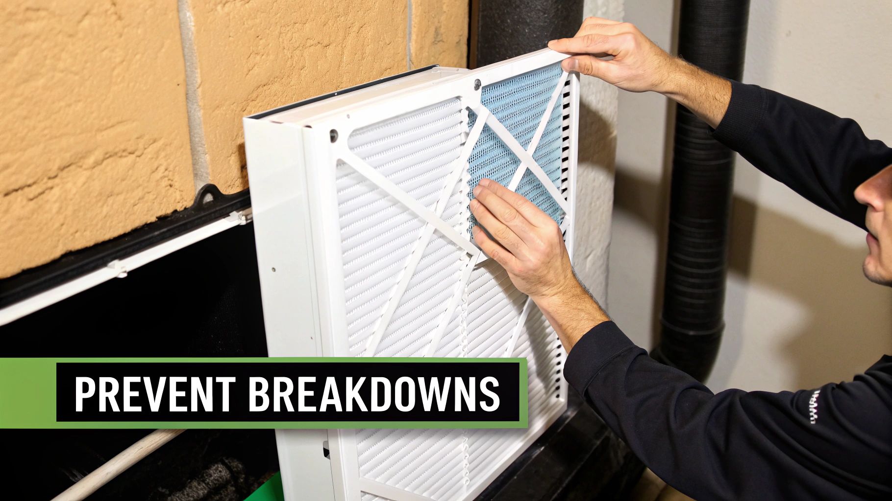 A person's hands are replacing a pleated air filter in an HVAC system, preventing breakdowns.
