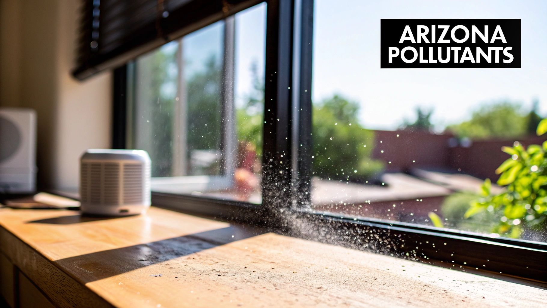 Sunlight reveals airborne Arizona pollutants and dust particles on a windowsill with a small air purifier.