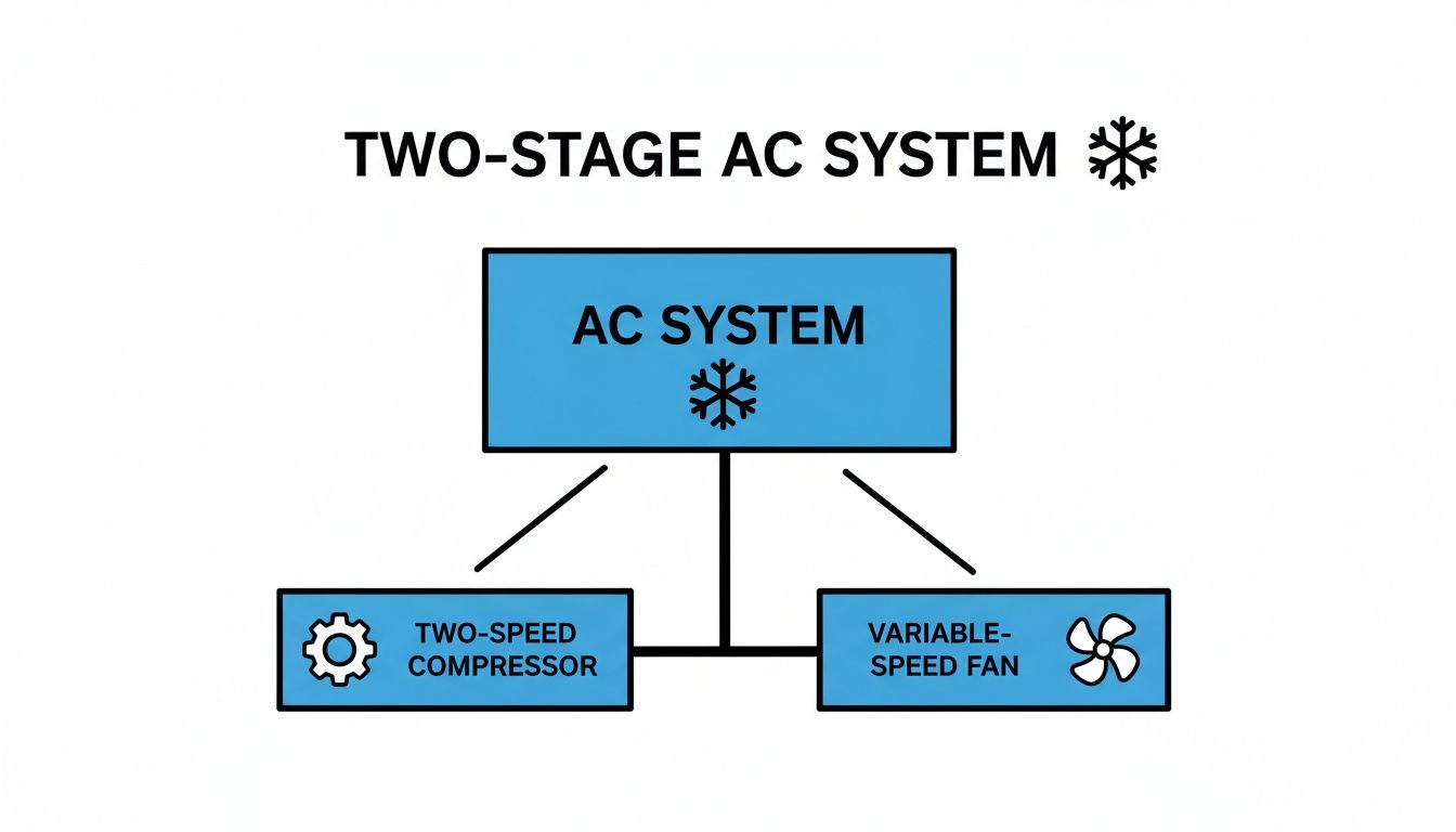 Diagram illustrating the components of a two-stage AC system with a two-speed compressor and variable-speed fan.