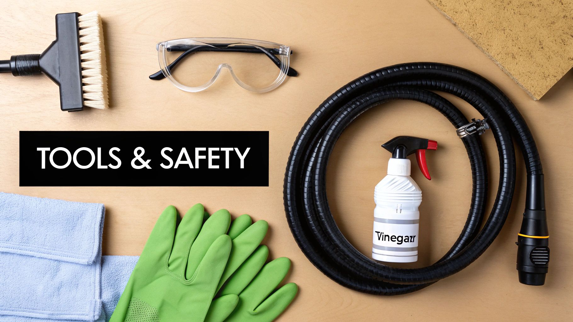A collection of tools needed for unclogging an AC drain line, including a wet/dry vac, vinegar, and gloves.