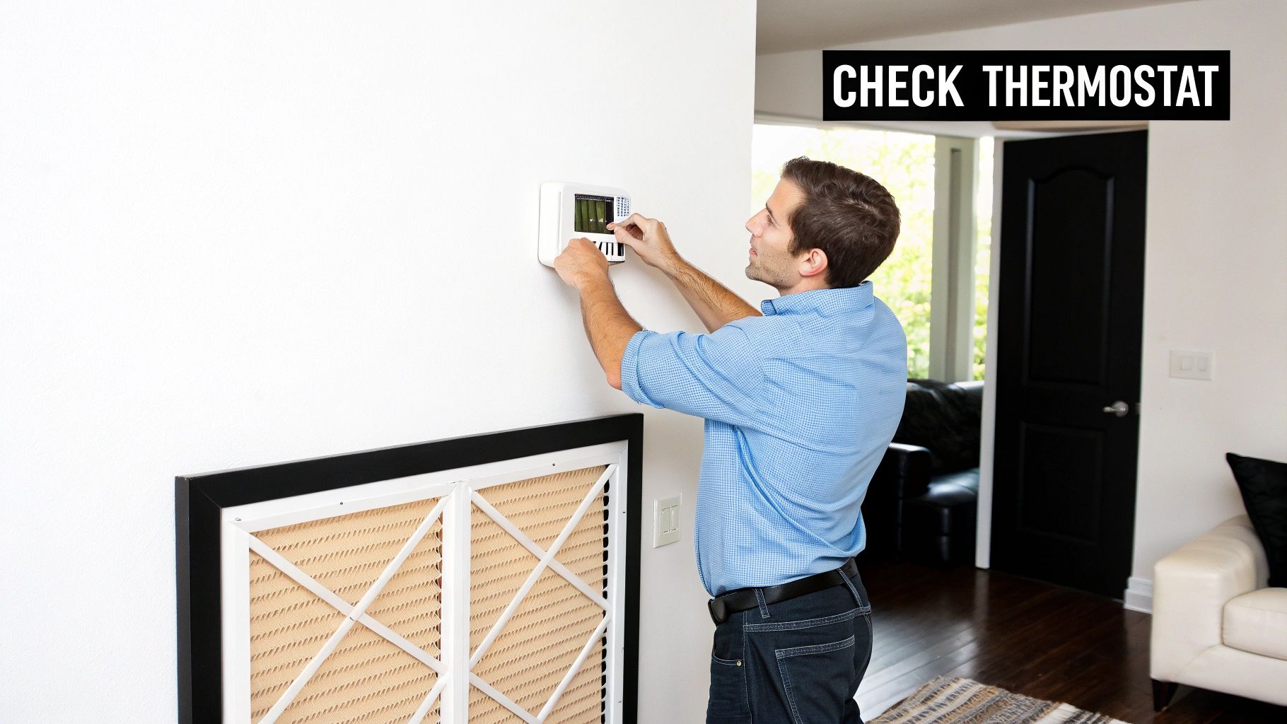 HVAC technician adjusting programmable thermostat on wall to diagnose air conditioning cooling issues