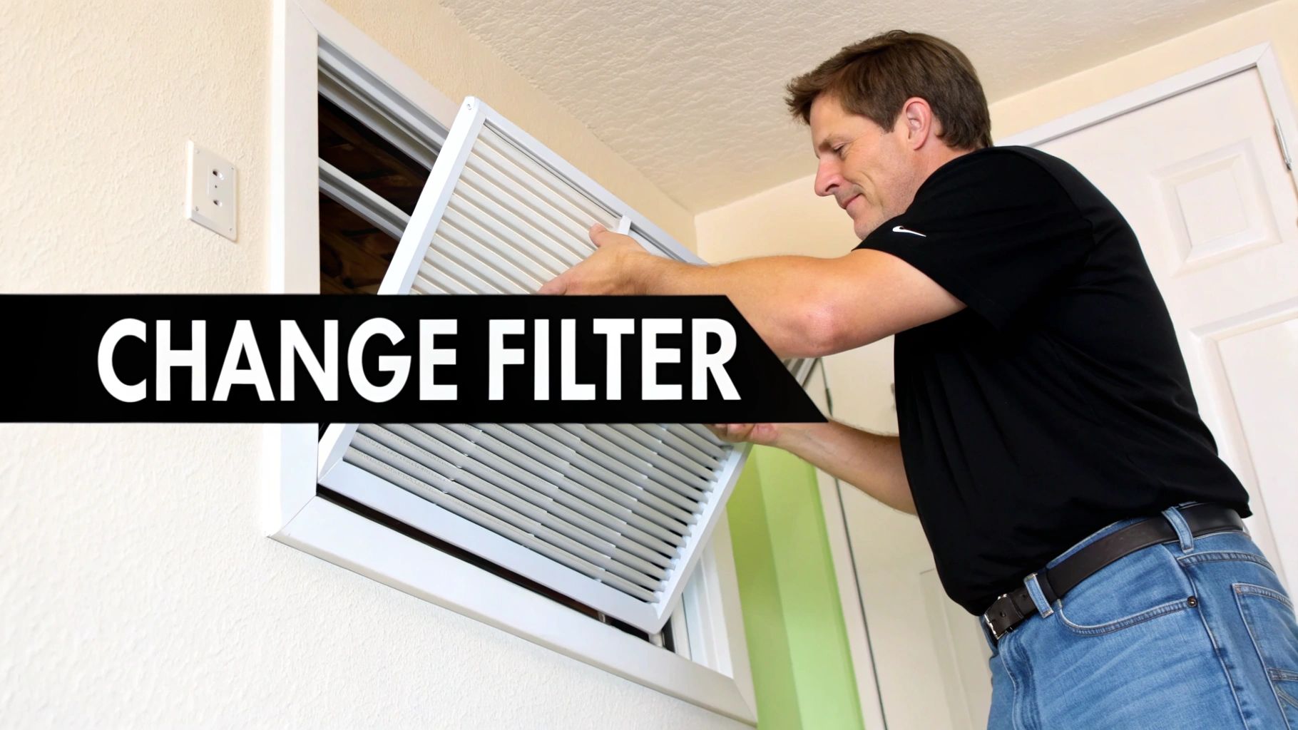A man in a black shirt changing a white air filter from a wall vent, with text "CHANGE FILTER".