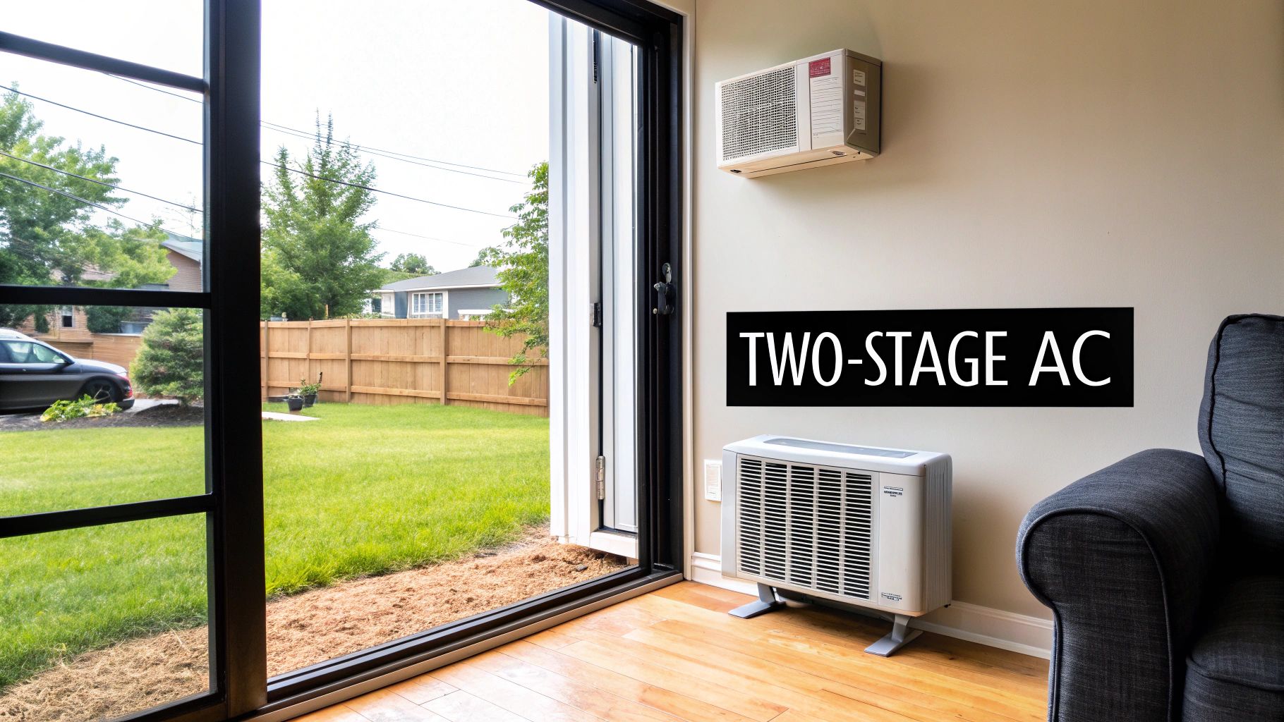 Wall-mounted and floor AC units in a room with a green backyard view. Text: 'TWO-STAGE AC'.