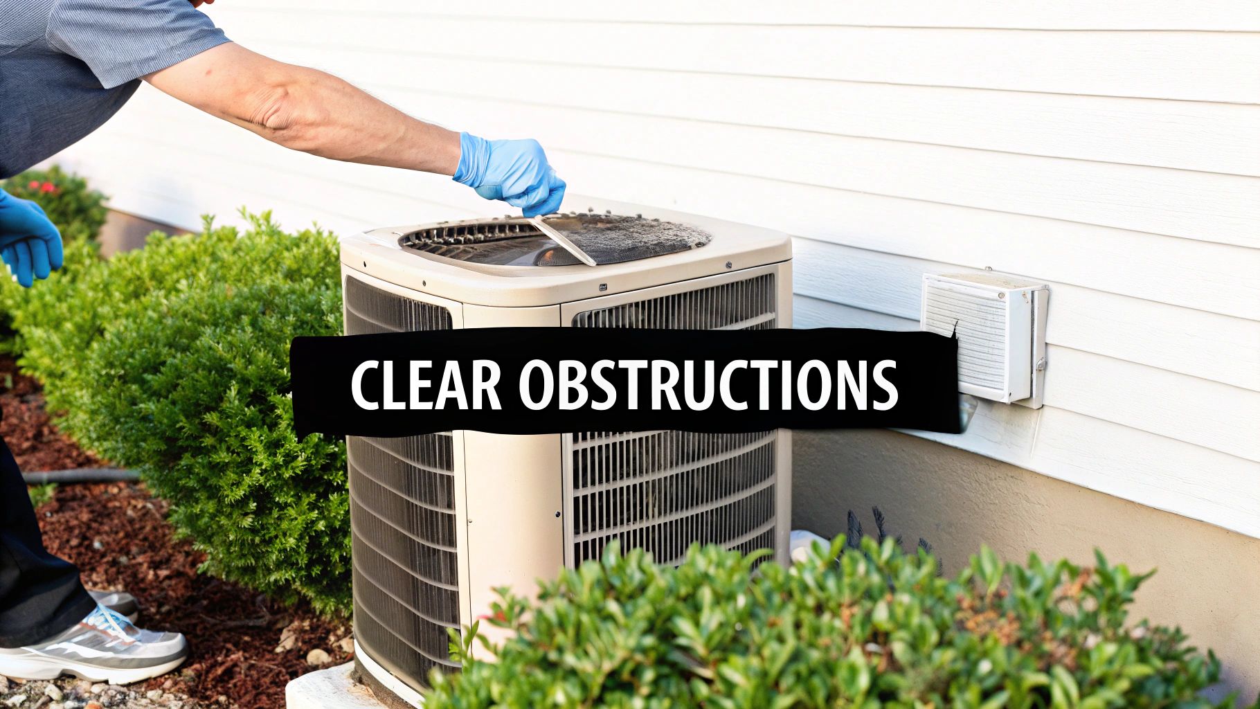 An outdoor AC condenser unit sitting next to a house, with clear space around it for proper airflow.