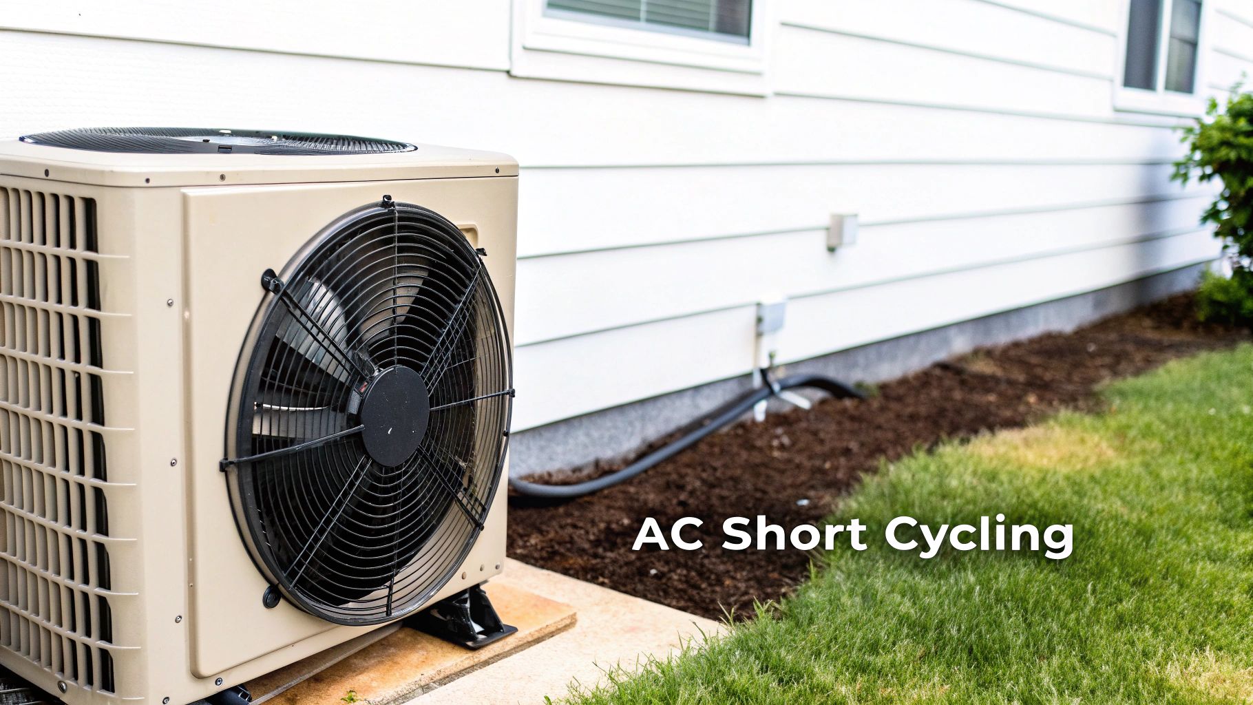 An outdoor air conditioning unit sits on a concrete pad next to a white house, with text 'AC Short Cycling'.
