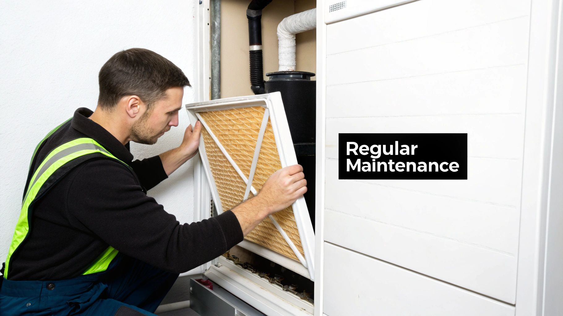 A technician performing maintenance on a residential furnace.