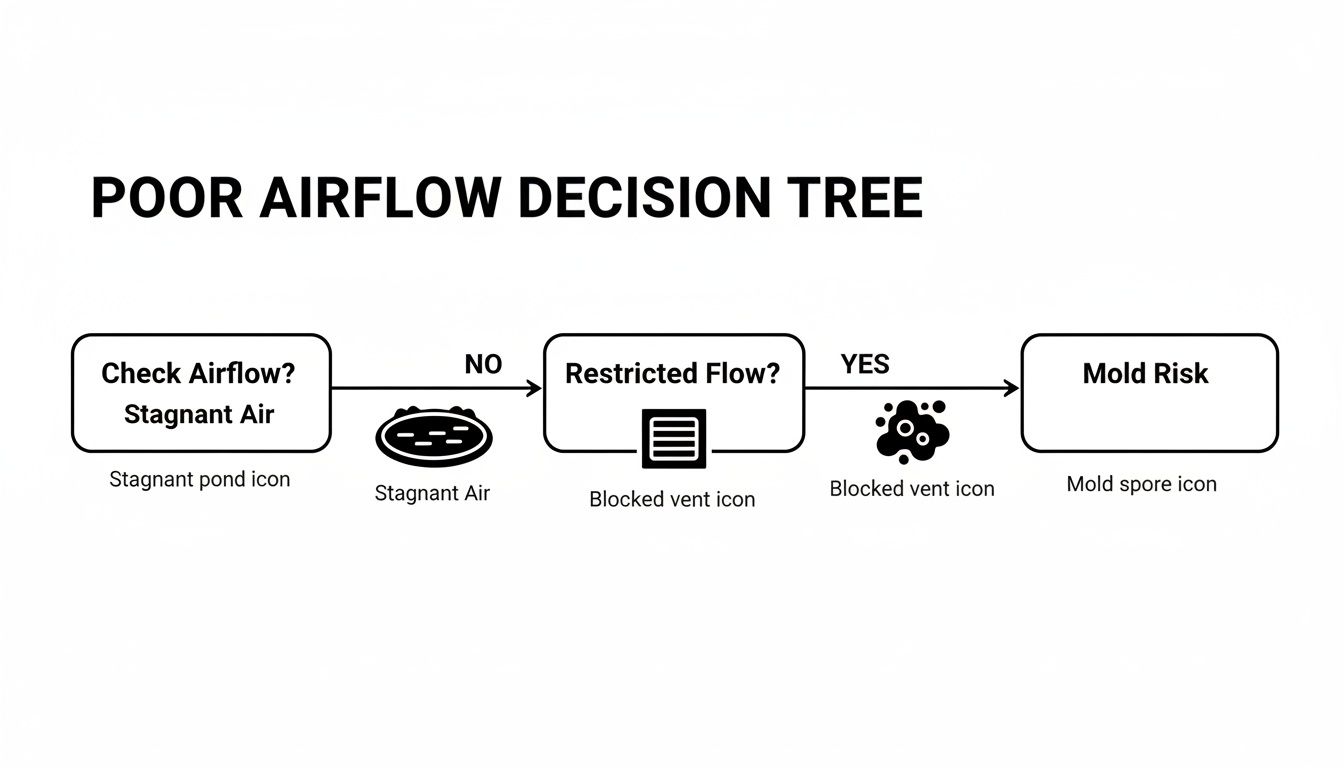 Decision tree illustrating poor airflow issues, linking stagnant air and restricted flow to mold risk.
