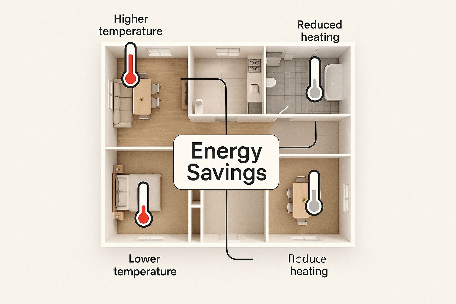 infographic for how different rooms and energy goals call for different cooling strategies