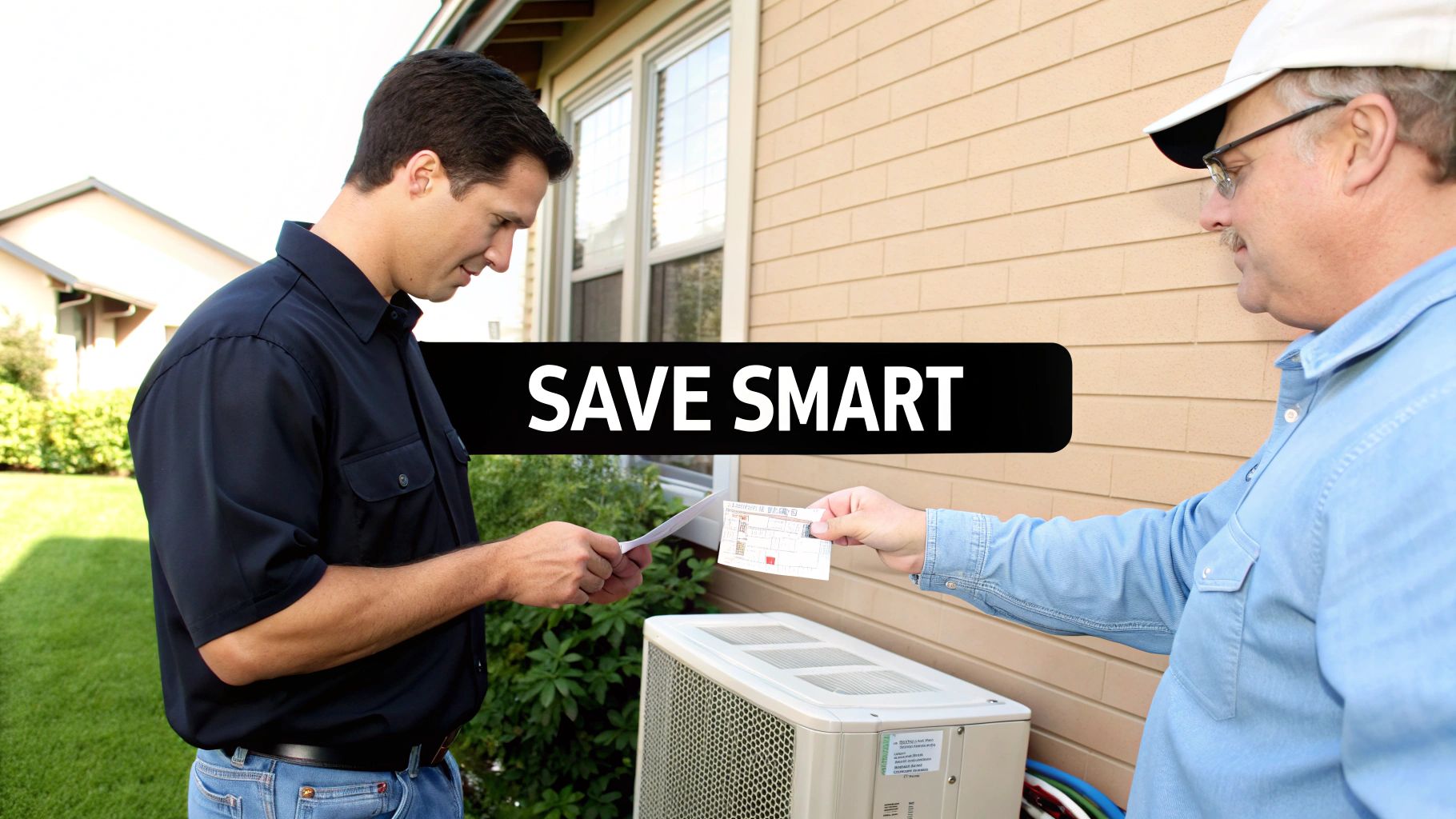 Technician and homeowner discussing a service contract next to an outdoor HVAC unit.
